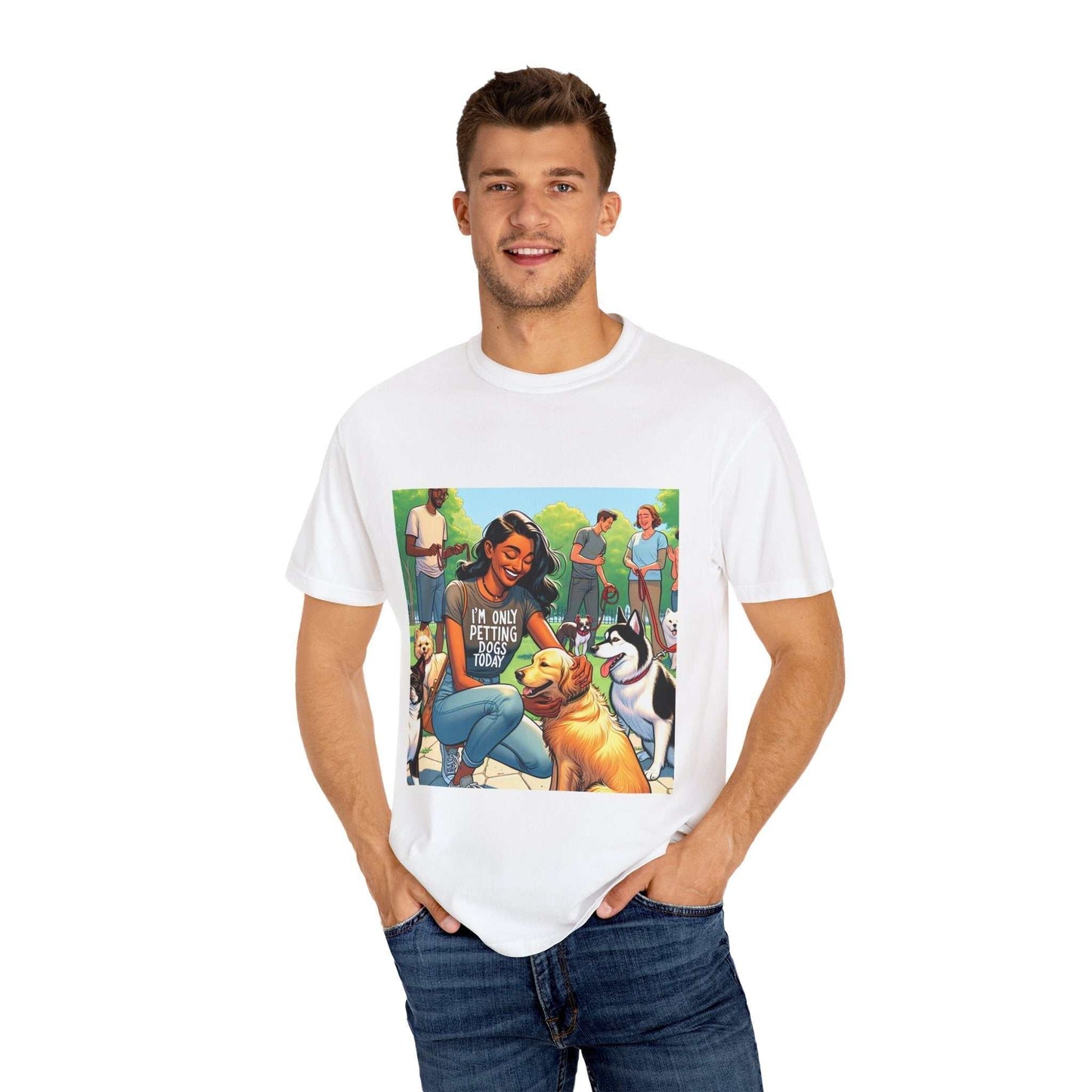Dog Lover's Garment-Dyed T-Shirt worn by man with dog graphic; perfect for pet owners.