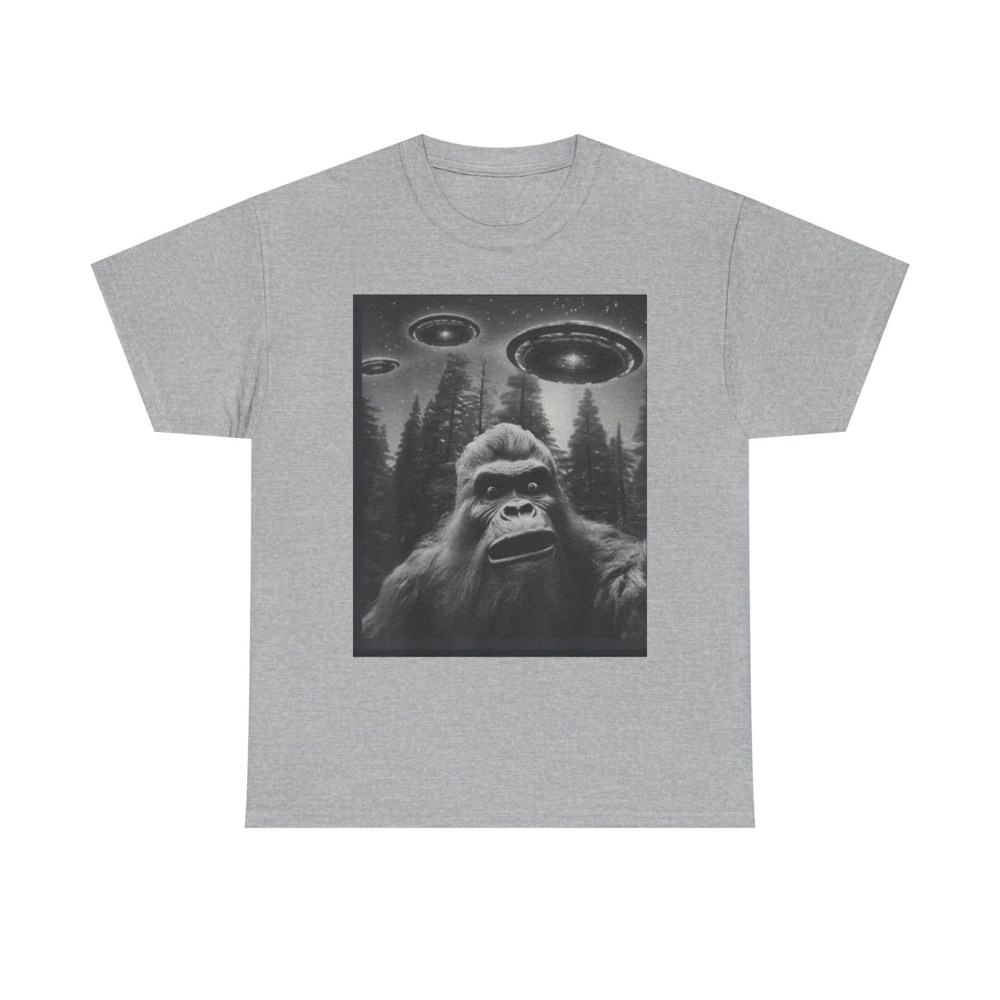 Bigfoot and flying saucers Unisex Heavy Cotton Tee - Size Variants ET