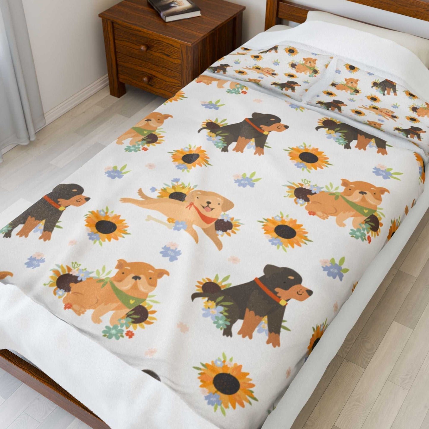 velveteen plush blanket dog loversVelveteen plush blanket with dog and sunflower print, cozy home decor for dog lovers.