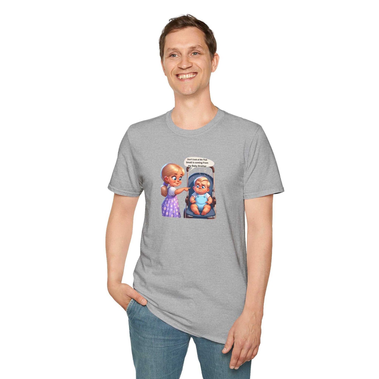 Unisex softstyle t-shirt in light gray with a cartoon design, featuring a comfortable fit and durable fabric.
