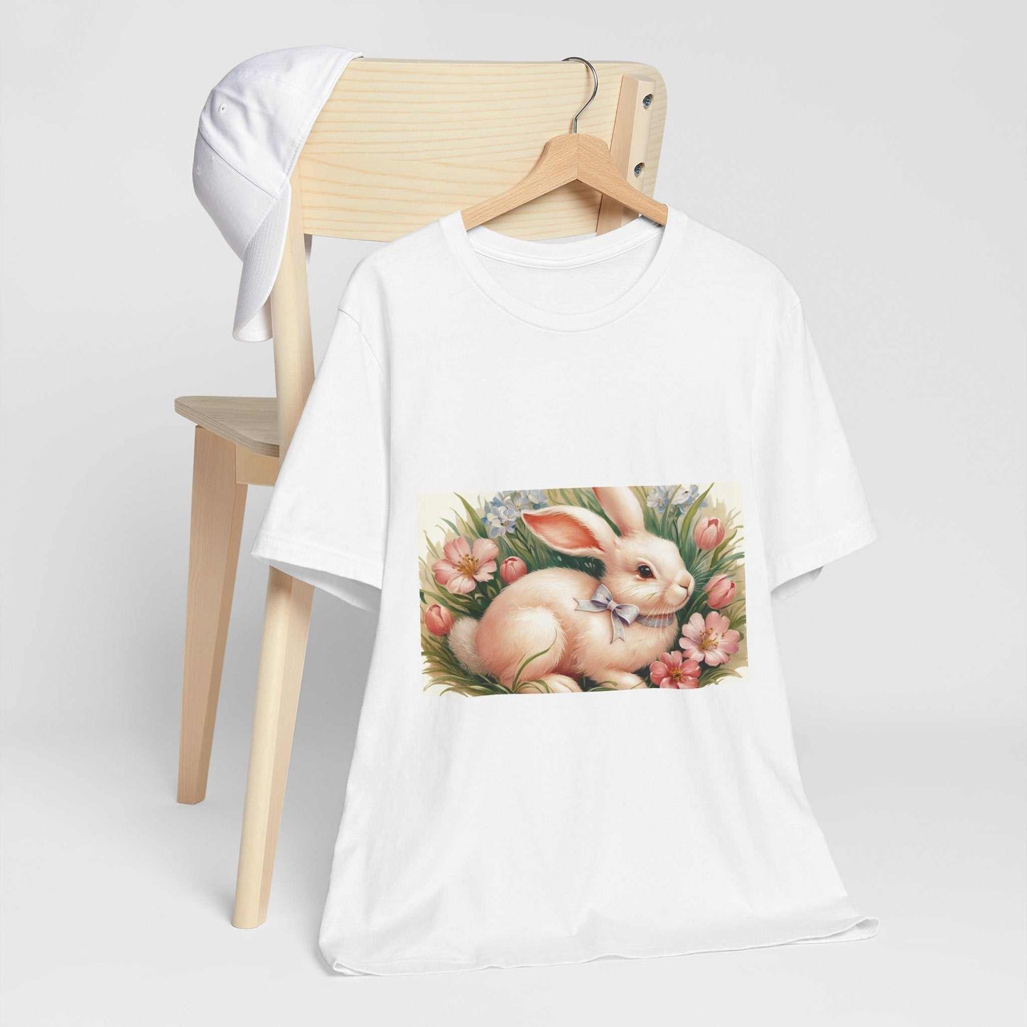 Spring Bunny Short Sleeve Tee with floral design, perfect for Easter and spring festivals.