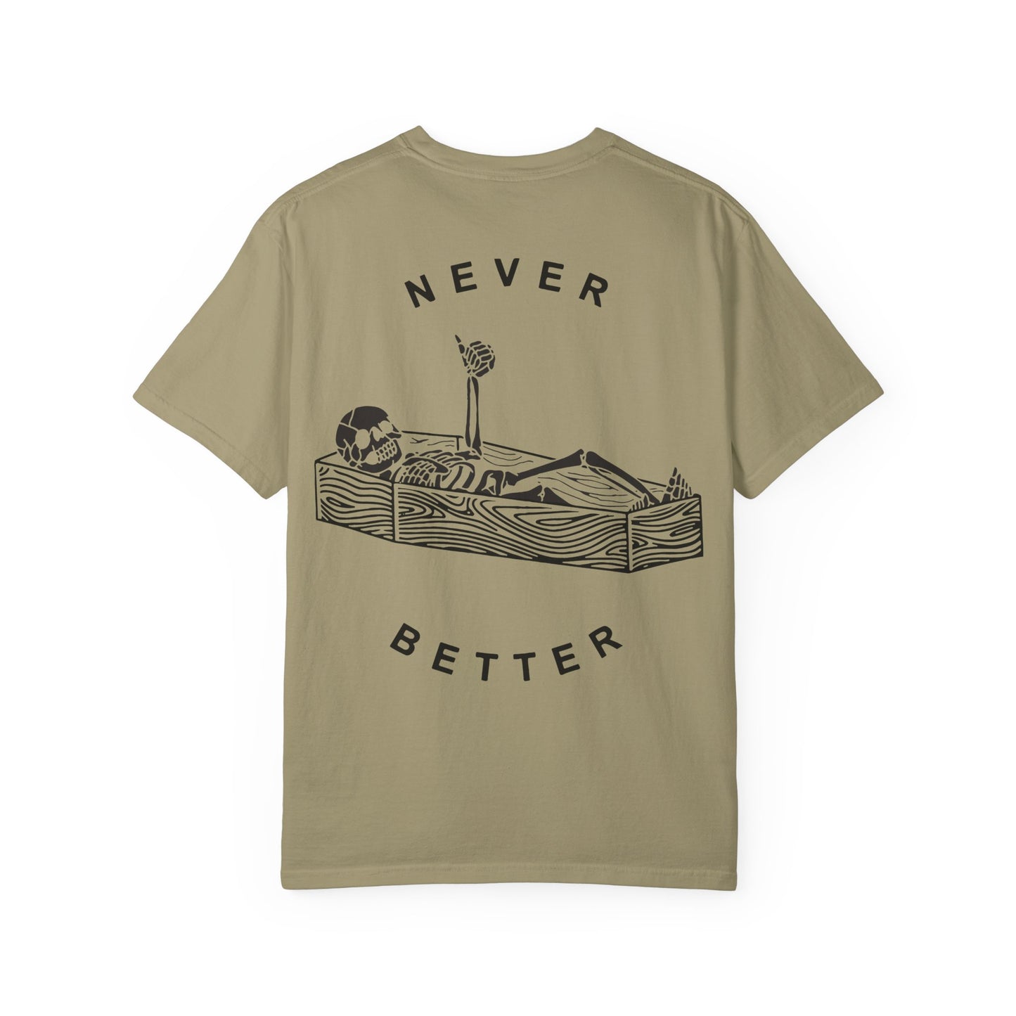 Halloween t-shirts never better skeleton giving a thumbs up in a casket