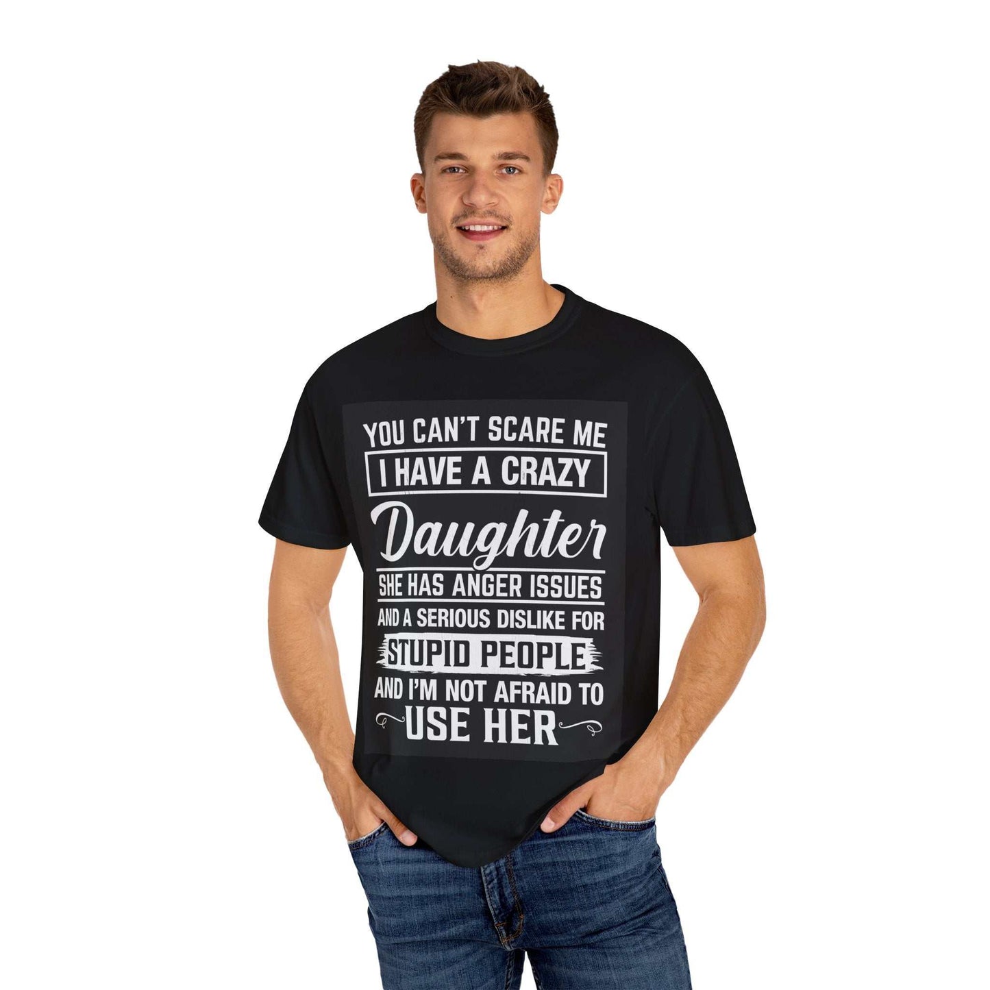 Unisex garment-dyed t-shirt with printed text, featuring a relaxed fit and crew neckline in black, by Comfort Colors 1717.