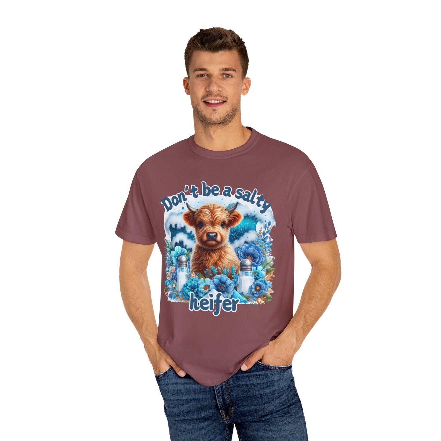 Comfort Colors 1717 unisex garment-dyed t-shirt with a "Don't be a salty heifer" design, showcasing soft-washed 100% ring-spun cotton in a relaxed fit.