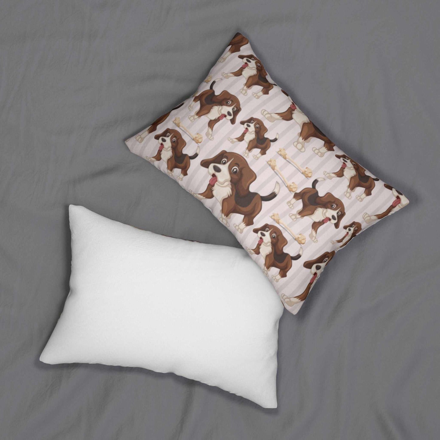 Spun polyester lumbar pillow for dog lovers with cartoon dog print, double-sided design, and concealed beige zipper.