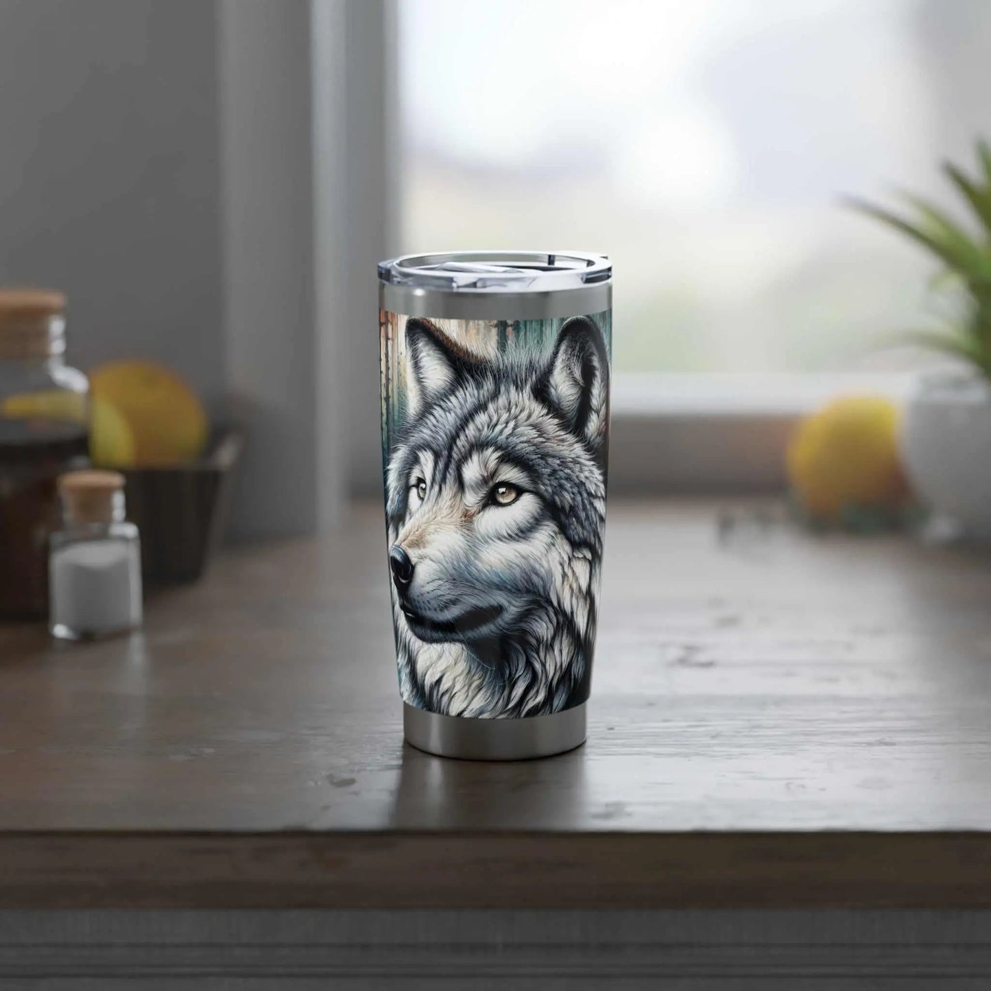 Vagabond Wolf 20oz Tumbler featuring a wolf design, ideal for adventurers; vibrant insulated travel mug.