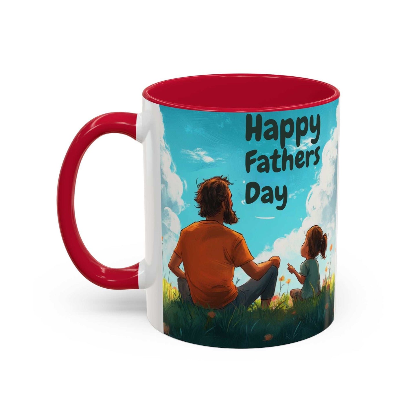 Colorful ceramic mug with red handle and interior, featuring a "Happy Fathers Day" design.