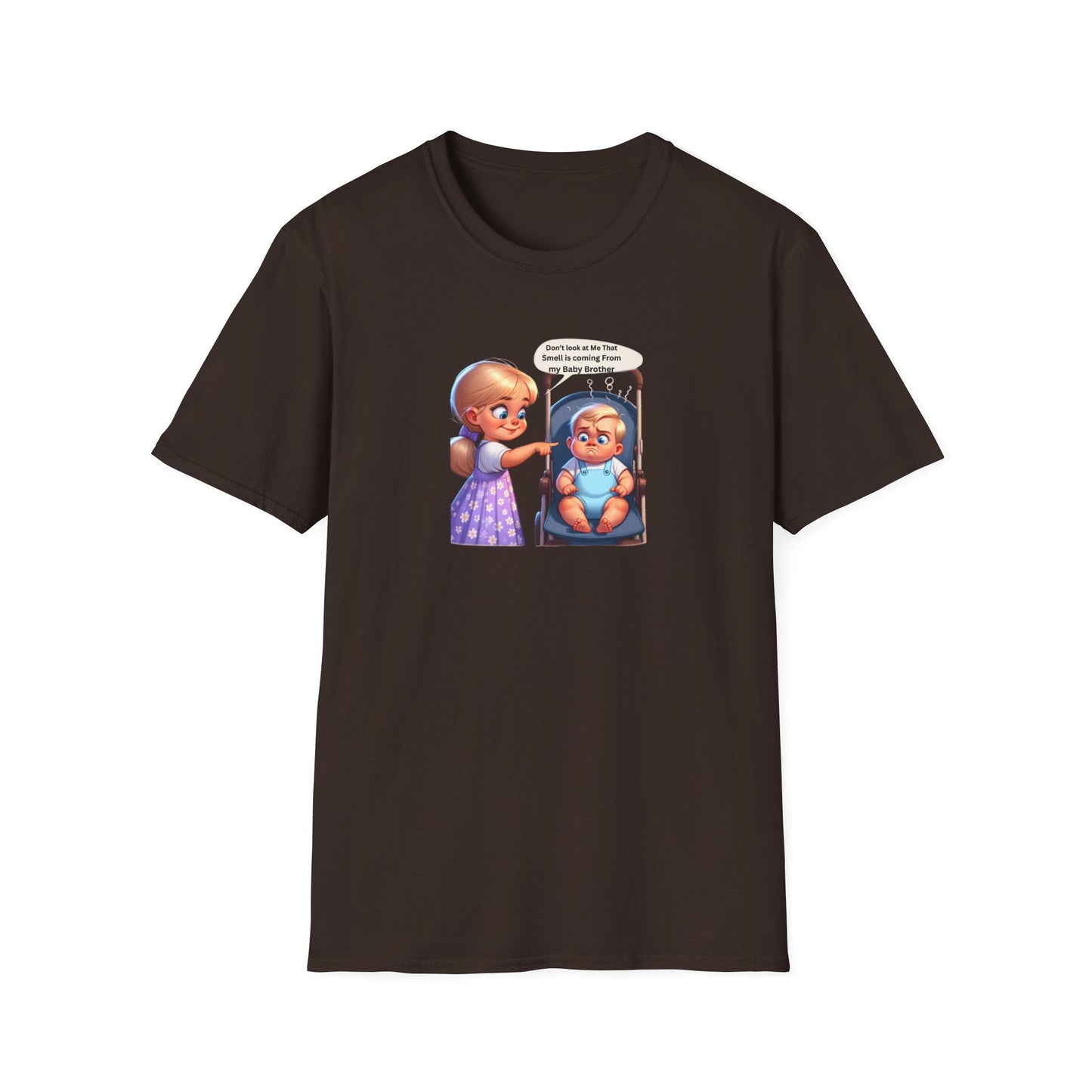Unisex softstyle t-shirt in black with cartoon graphic, featuring durable twill tape shoulders and ribbed collar.