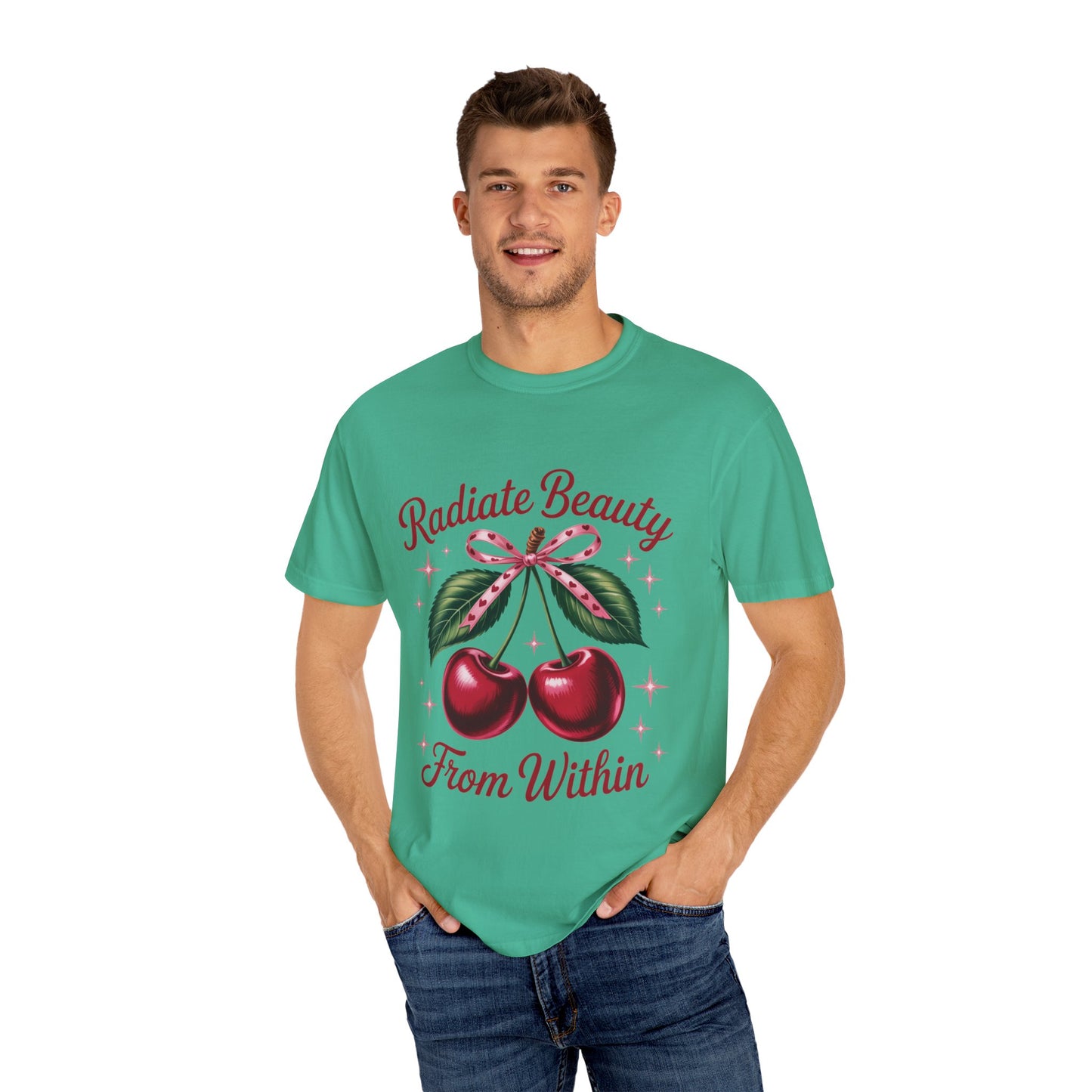 Radiate Beauty Cherry T-Shirt | Unisex Tee, Gift for Her, Positive Affirmation, Summer Fashion, Cute Graphic Tee