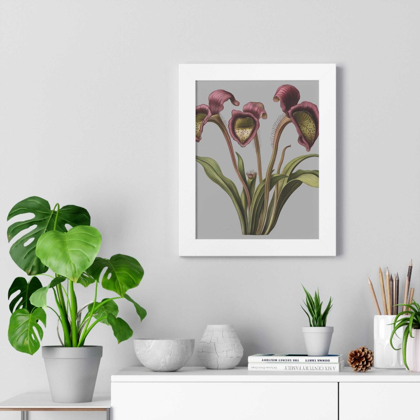 Framed Vertical Poster with botanical design, displayed in a white frame on a wall.