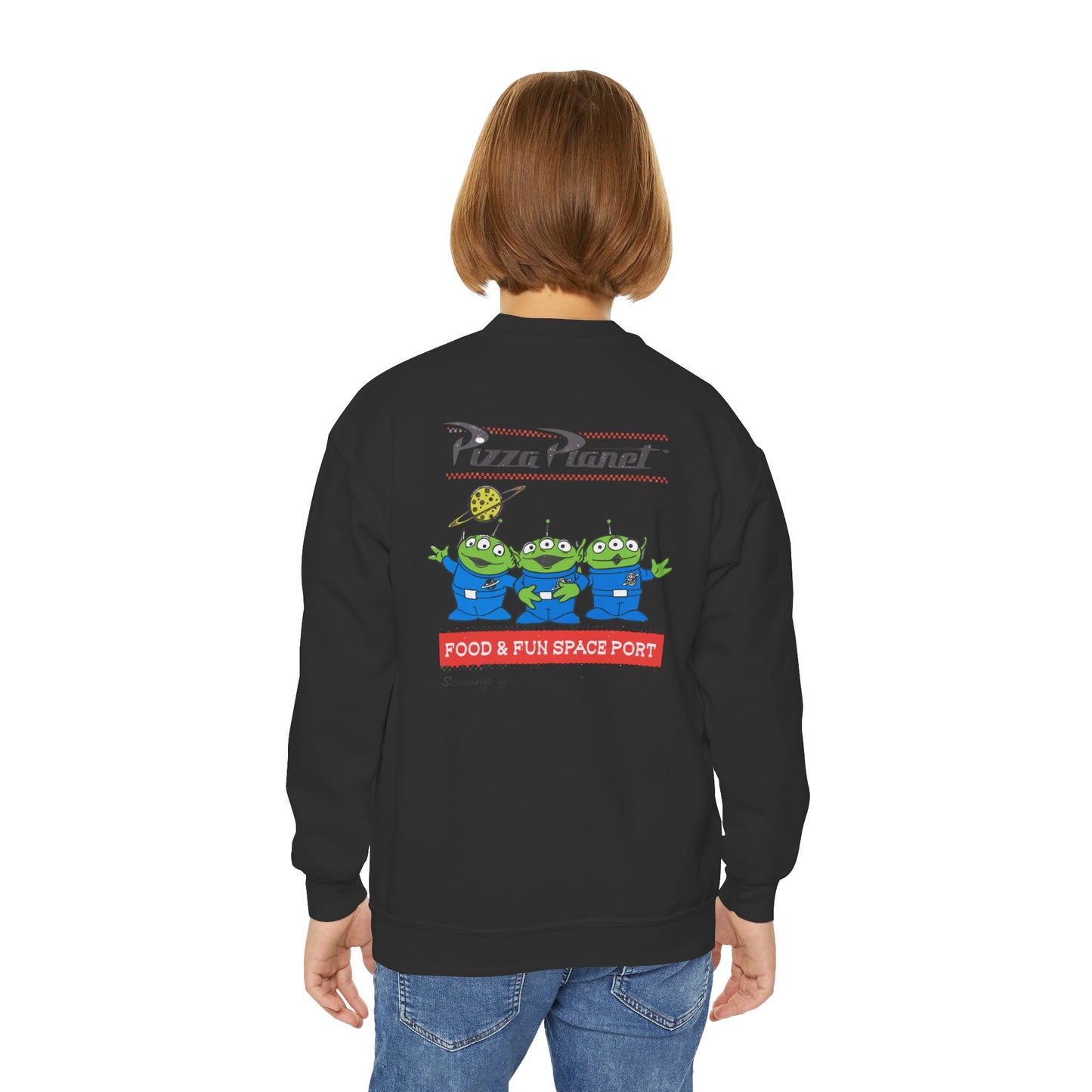 Pizza Planet Youth Crewneck Sweatshirt | Fun & Playful Gift for Kids, Space Theme Apparel, Ideal for Birthdays, Halloween, Everyday Wear