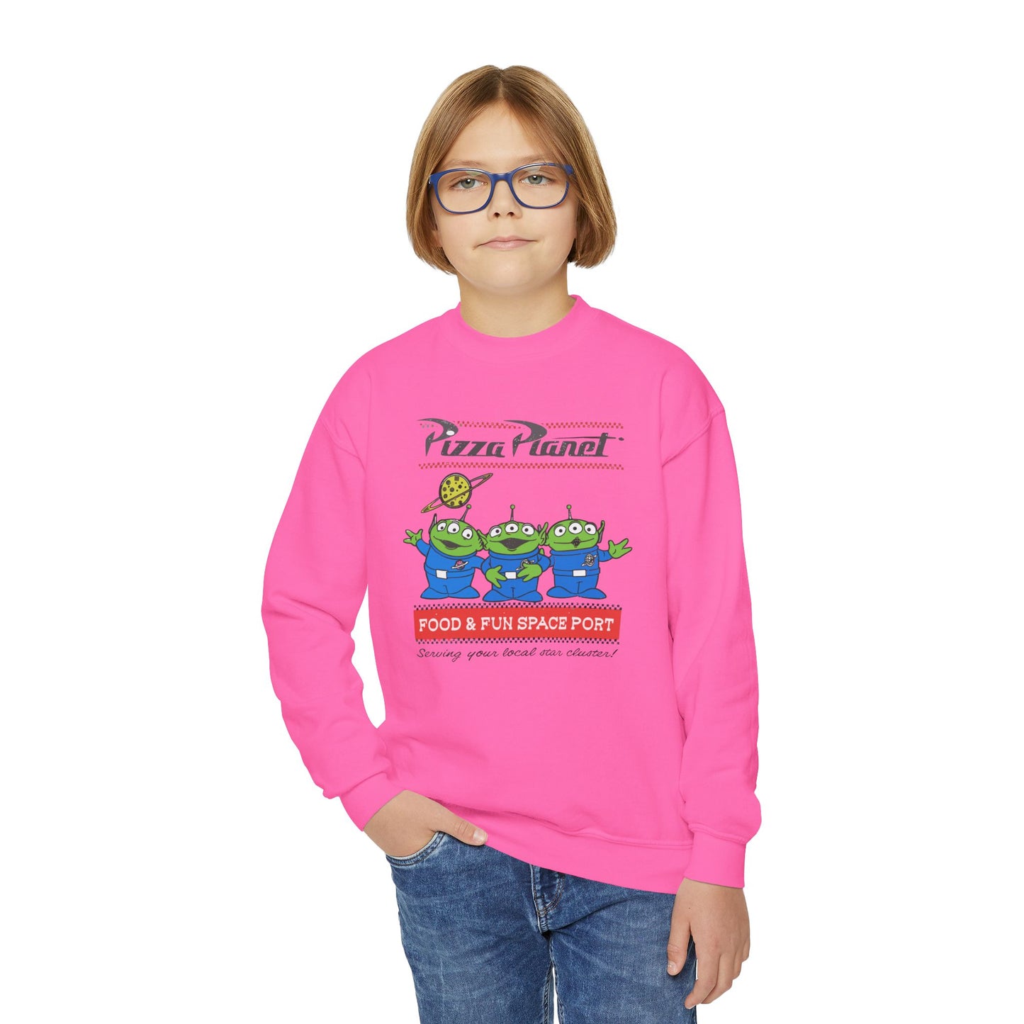 Pizza Planet Youth Crewneck Sweatshirt | Fun & Playful Gift for Kids, Space Theme Apparel, Ideal for Birthdays, Halloween, Everyday Wear