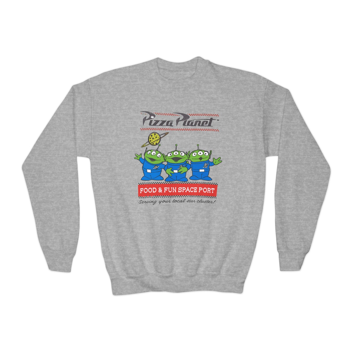 Pizza Planet Youth Crewneck Sweatshirt | Fun & Playful Gift for Kids, Space Theme Apparel, Ideal for Birthdays, Halloween, Everyday Wear