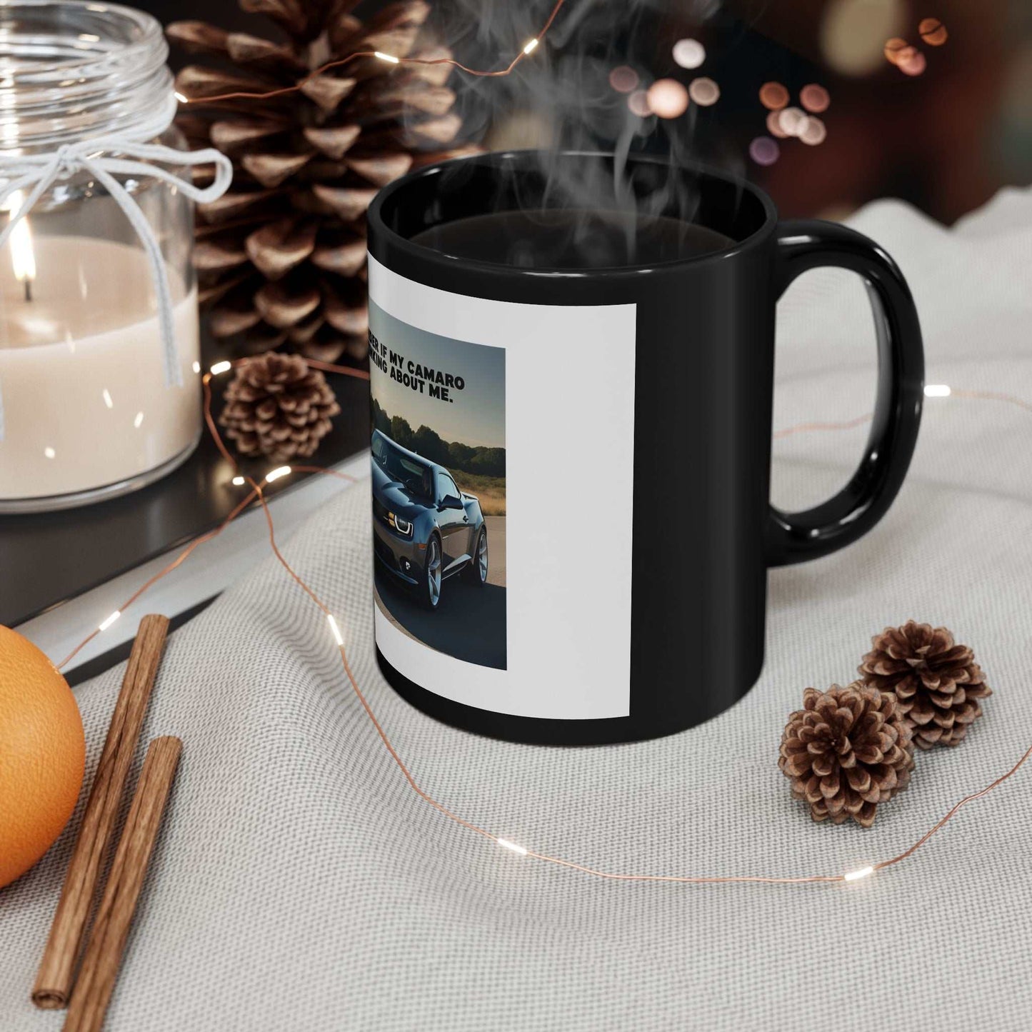 Camaro Lover's Black Mug with sleek ceramic finish, perfect for car enthusiasts; features advanced printing and is microwave and dishwasher safe.