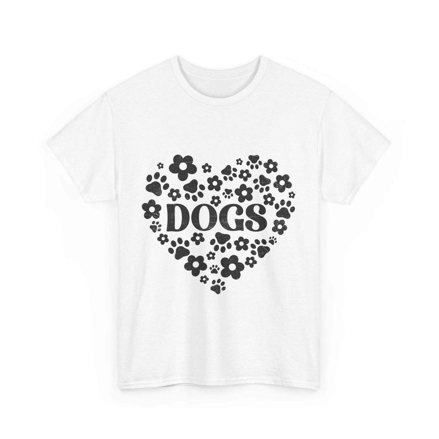 Unisex heavy cotton tee with "Dogs" heart floral design, classic fit, crew neck, and ethically made from 100% US cotton.