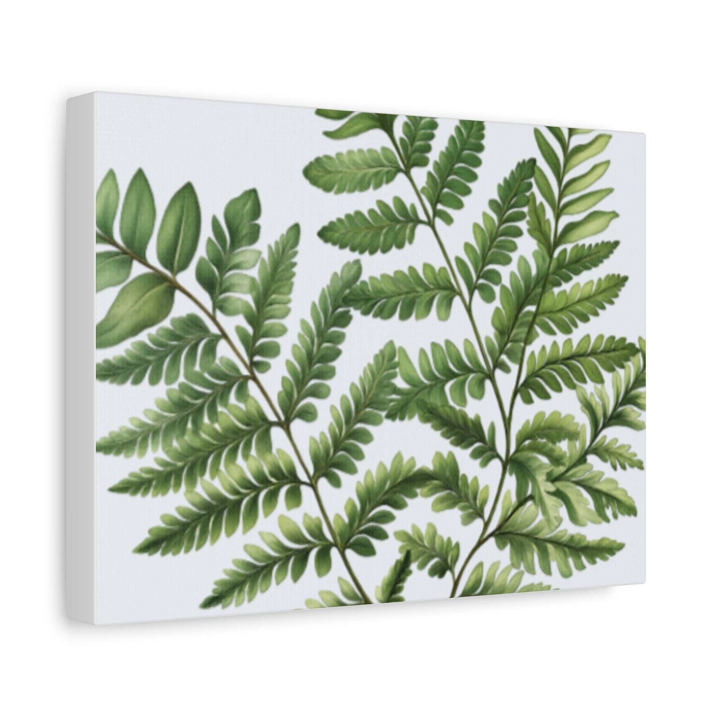 Matte canvas with green leaf design, stretched on a 1.25" ethically sourced pine frame, includes back hanging.