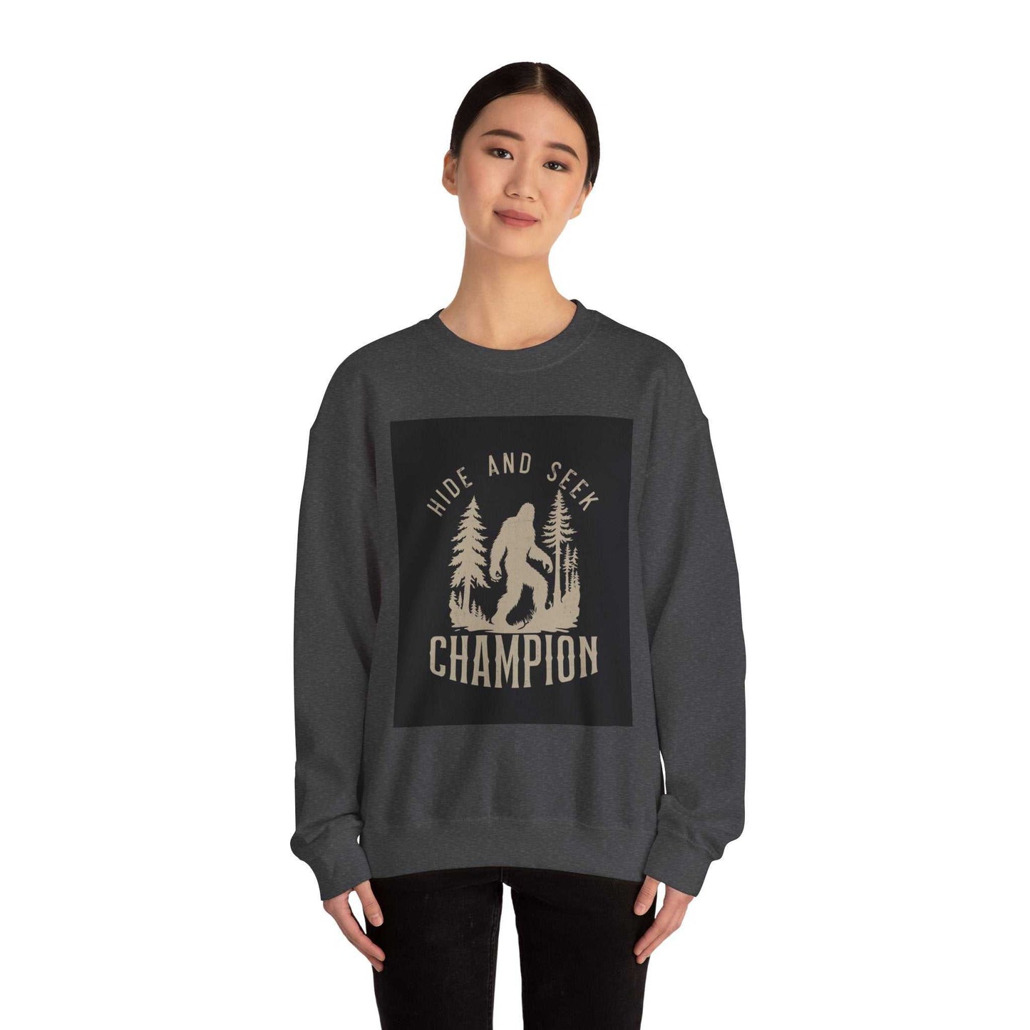 Unisex Heavy Blend™ Crewneck Sweatshirt with print design, featuring a ribbed knit collar and durable double-needle stitching.