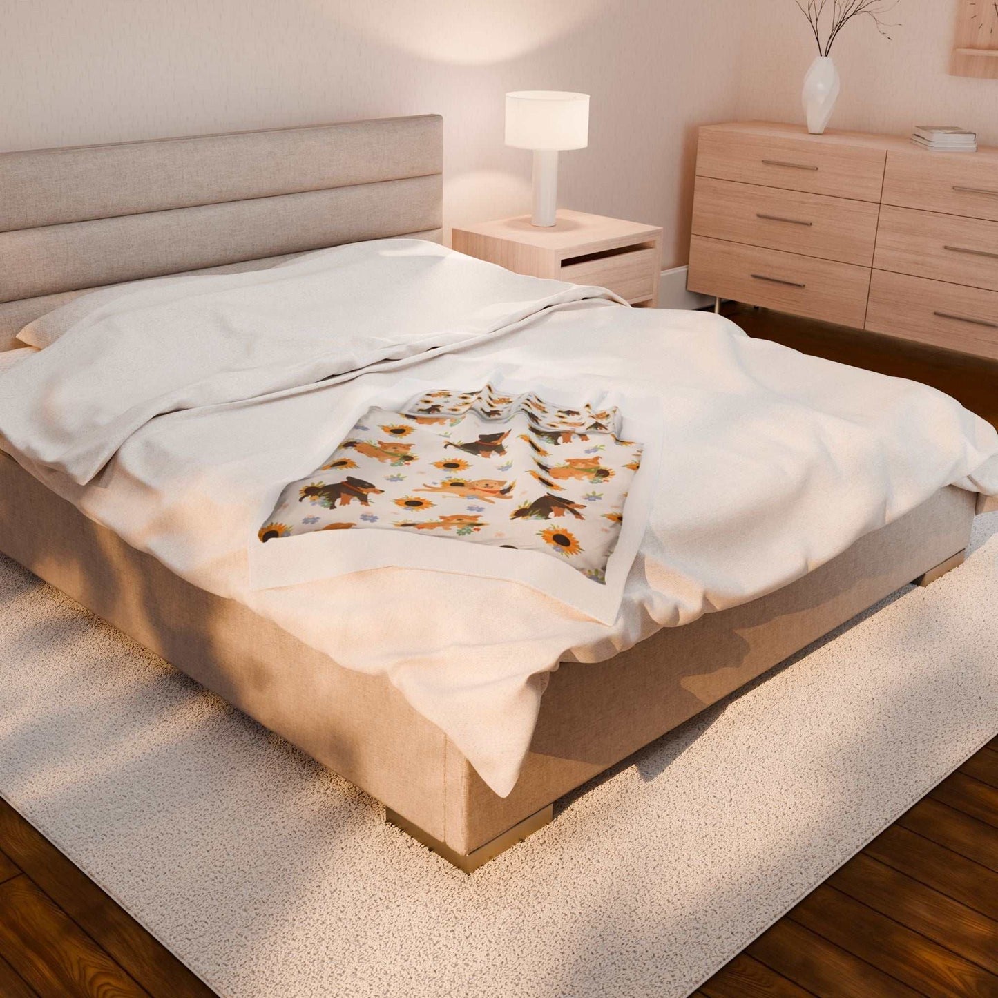 velveteen plush blanket dog lovers Velveteen plush blanket on bed with dog print, cozy and soft for dog lovers.