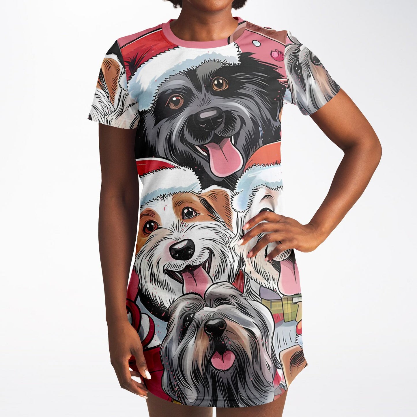 Christmas Dogs AOP T-Shirt Dress – Festive All-Over Print Holiday Style