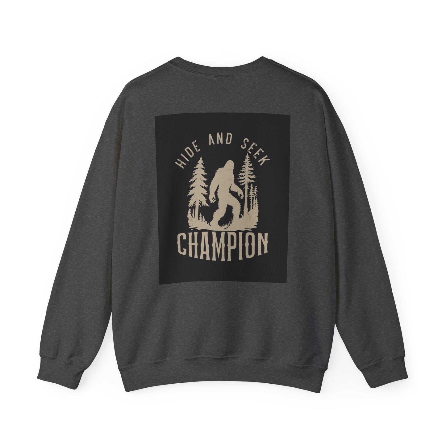Unisex Heavy Blend™ Crewneck Sweatshirt with "Hide and Seek Champion" design on back.