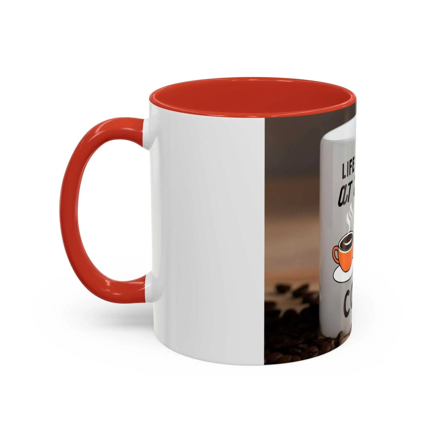 Cute dog design "Life is Ruff" coffee mug with red handle and interior, perfect for pet lovers.