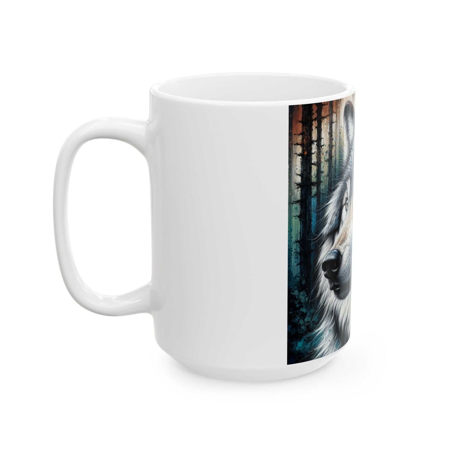 Majestic Wolf Ceramic Mug with vibrant design and C-handle, available in 11oz and 15oz sizes.