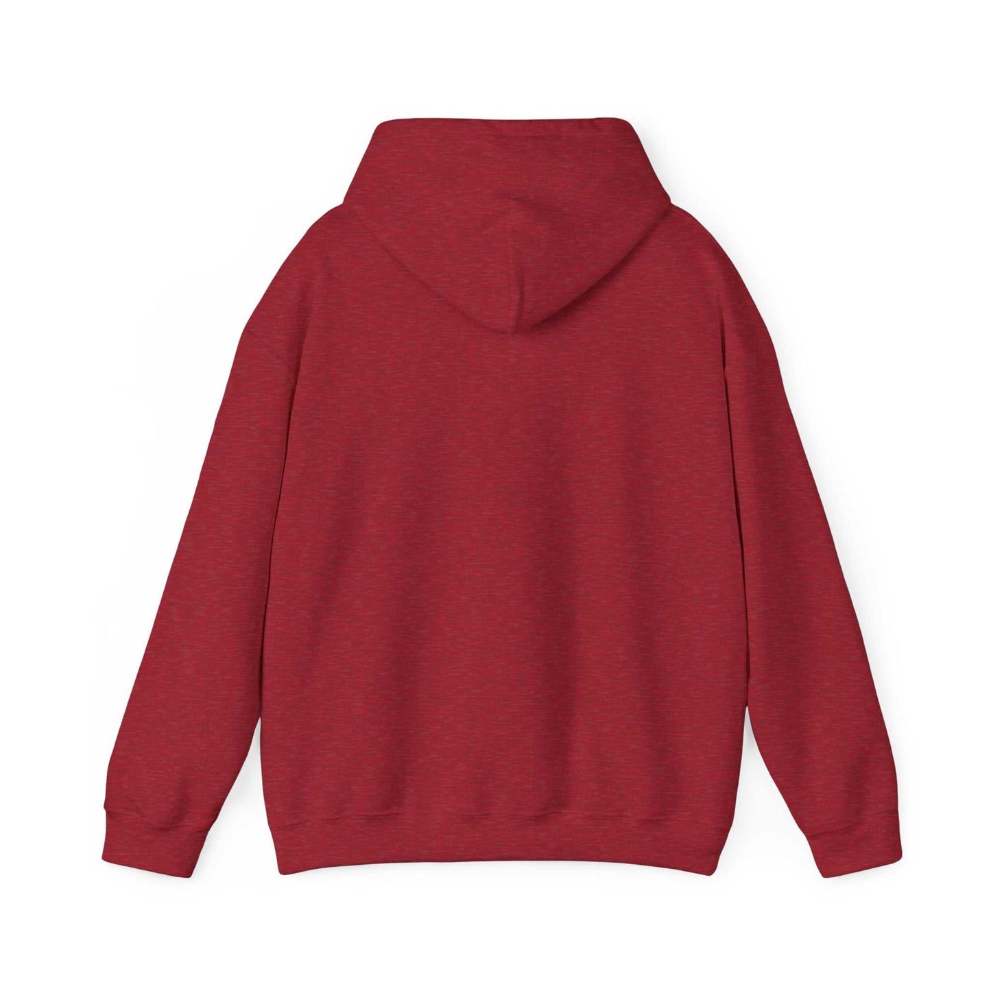 Unisex heavy blend hooded sweatshirt in red, showcasing the back design with a drawstring hood.
