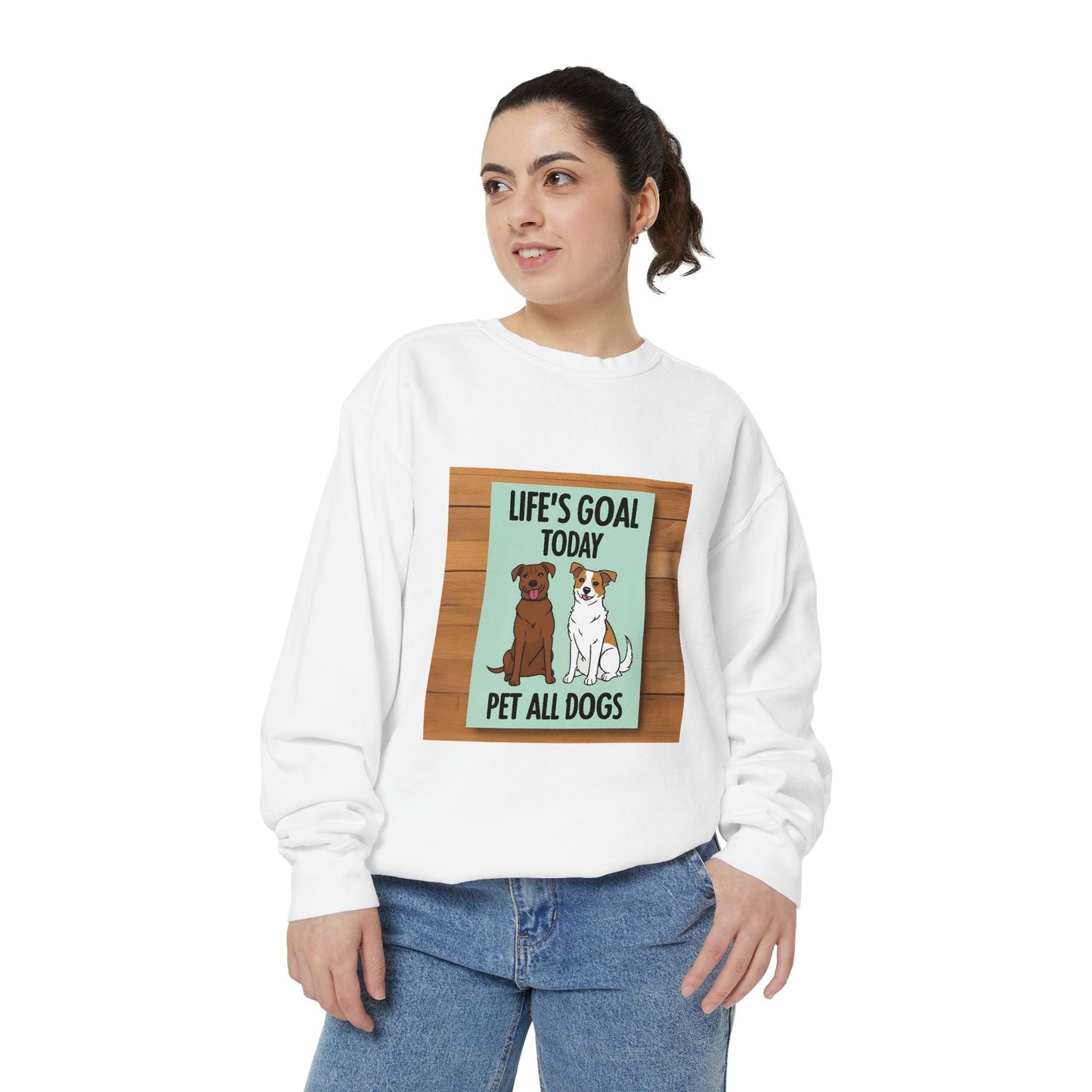 Unisex 'Life Goal Pet All Dogs' Sweatshirt, colorful dog lover design, cozy garment-dyed fabric.