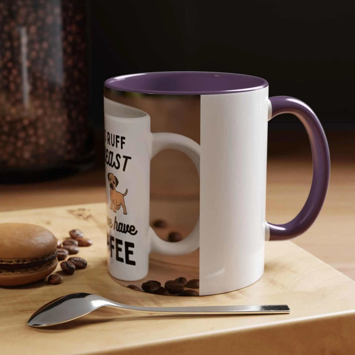 Life is Ruff Coffee Mug with dog design, purple handle, and interior.