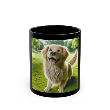 Black ceramic mug with a glossy finish featuring a printed image of a happy dog in a green field, available in 11oz and 15oz sizes.