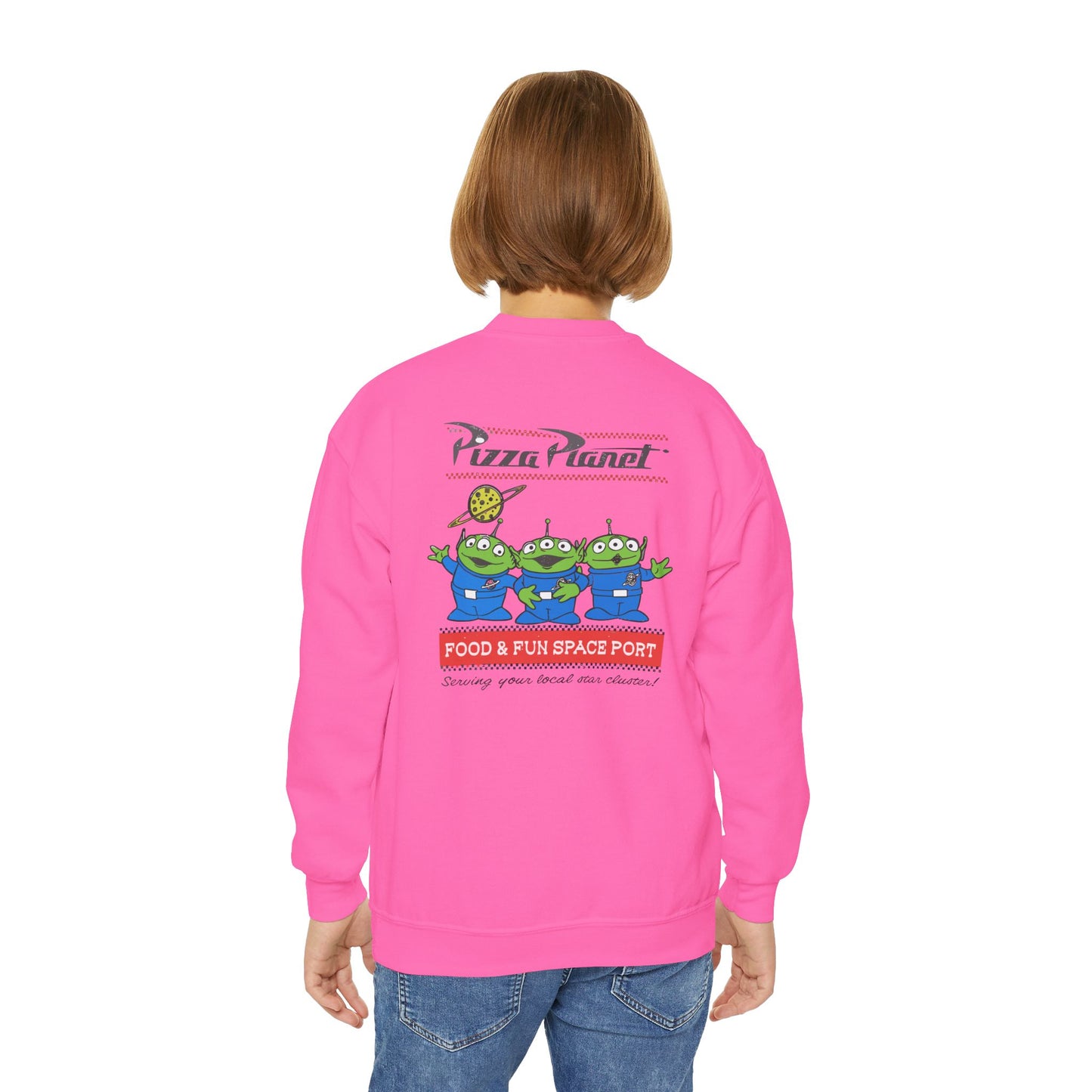 Pizza Planet Youth Crewneck Sweatshirt | Fun & Playful Gift for Kids, Space Theme Apparel, Ideal for Birthdays, Halloween, Everyday Wear