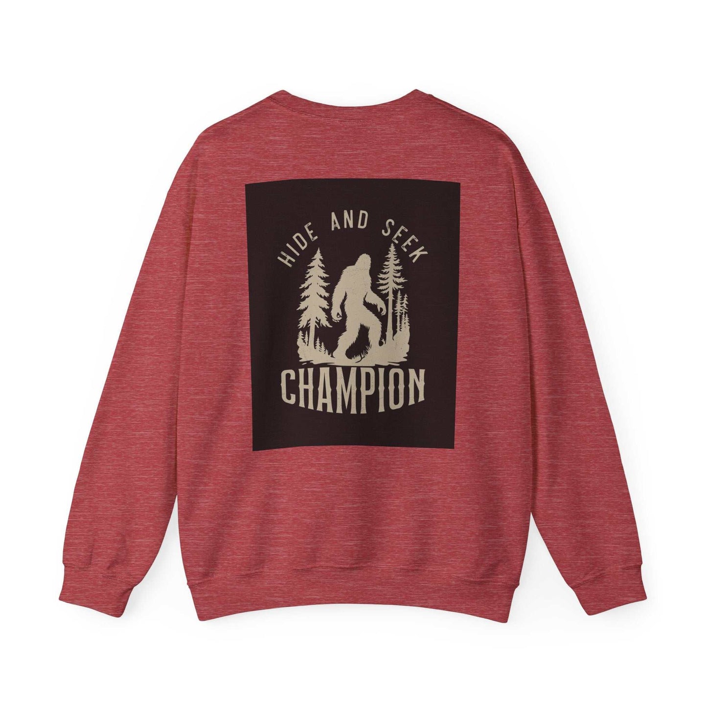 Unisex Heavy Blend™ Crewneck Sweatshirt, red, with "Hide and Seek Champion" graphic on back.