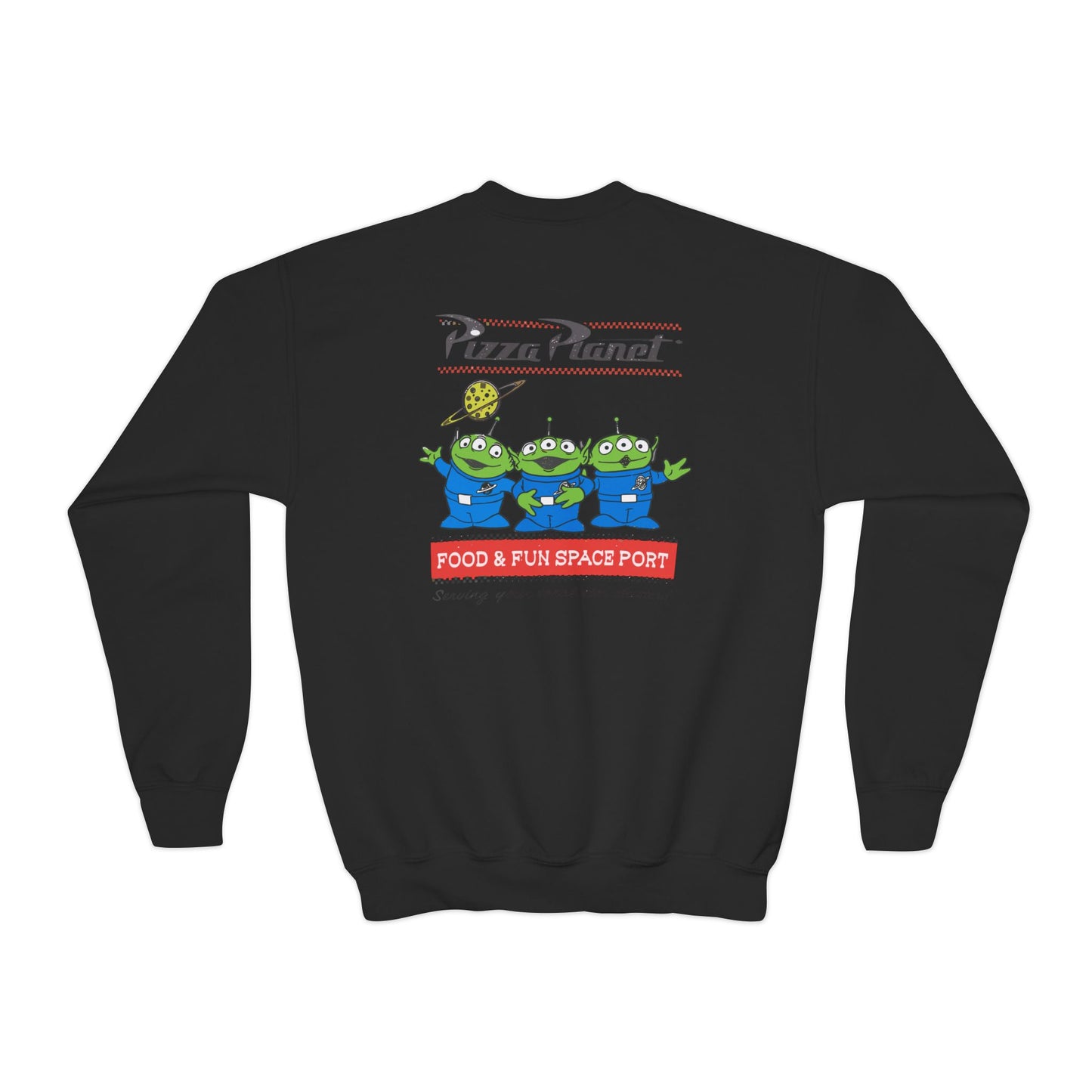 Pizza Planet Youth Crewneck Sweatshirt | Fun & Playful Gift for Kids, Space Theme Apparel, Ideal for Birthdays, Halloween, Everyday Wear