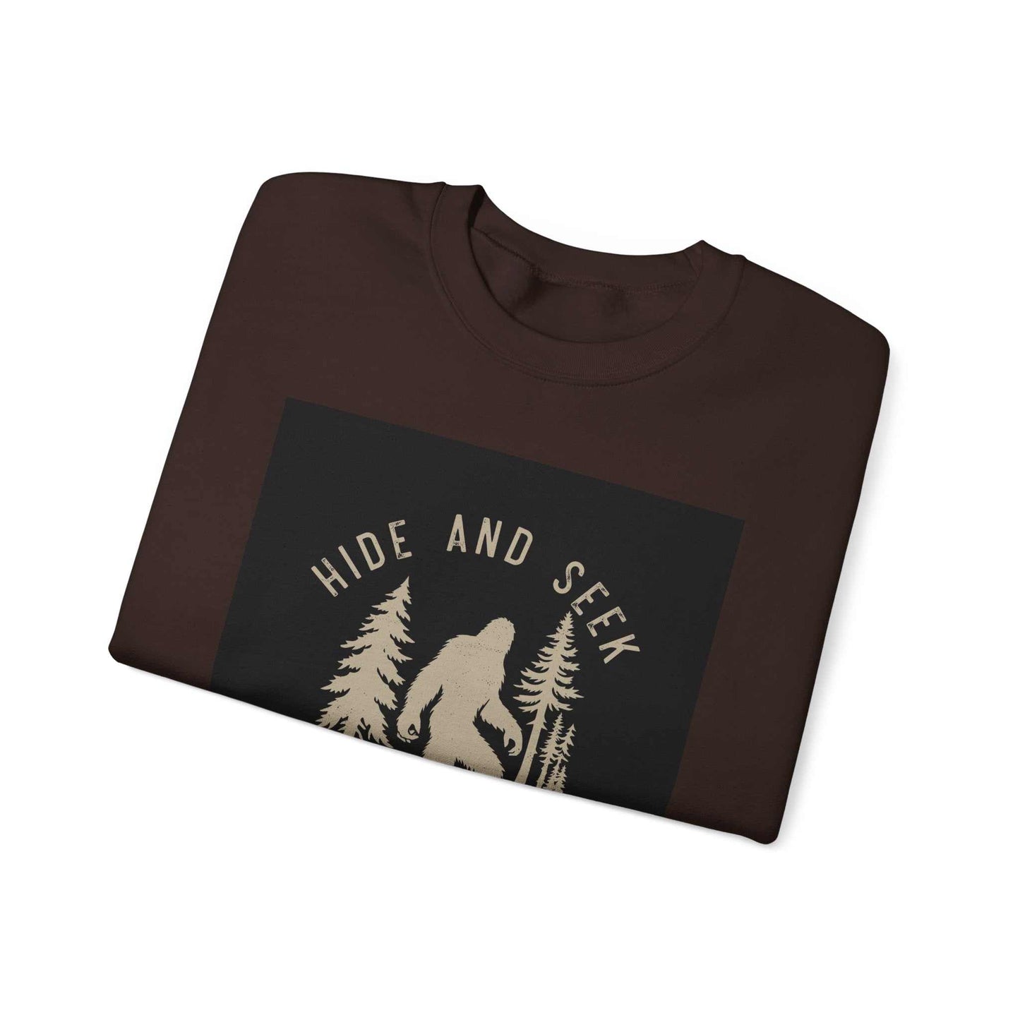 Unisex Heavy Blend™ Crewneck Sweatshirt with "Hide and Seek" graphic, folded view.