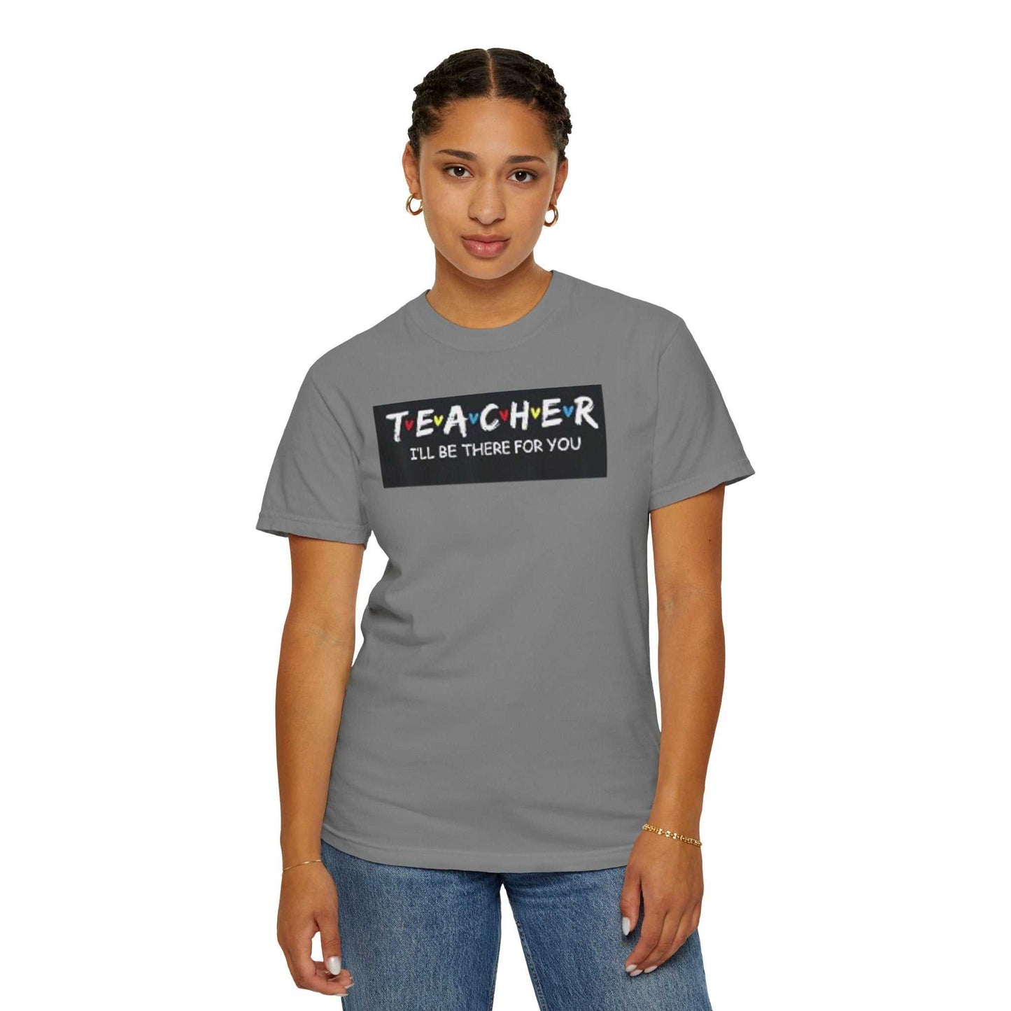 Unisex garment-dyed t-shirt in gray with "Teacher" graphic.