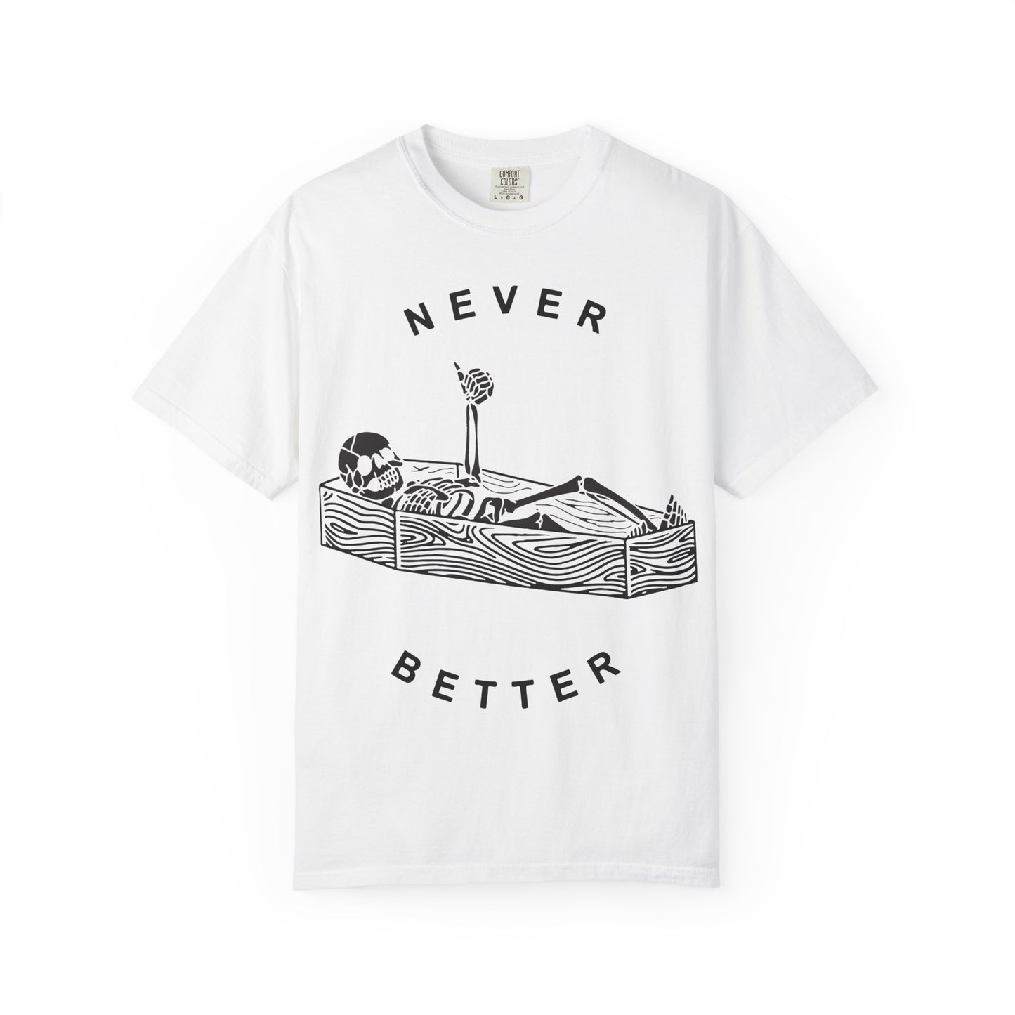 Halloween t-shirts never better skeleton giving a thumbs up in a casket