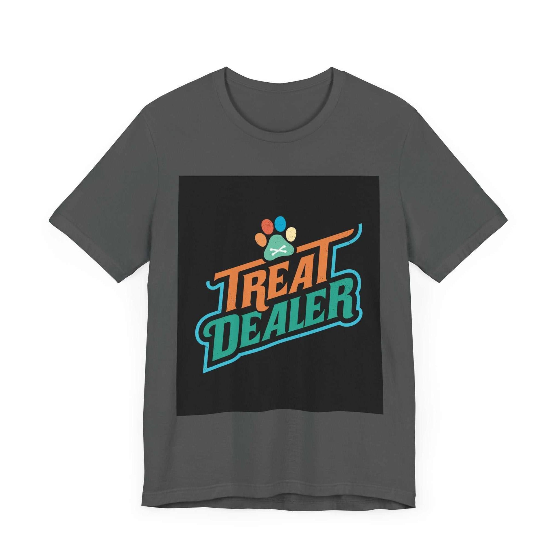 Unisex Jersey Short Sleeve Tee with colorful "Treat Dealer" design, soft cotton, ribbed collar, crew neckline.