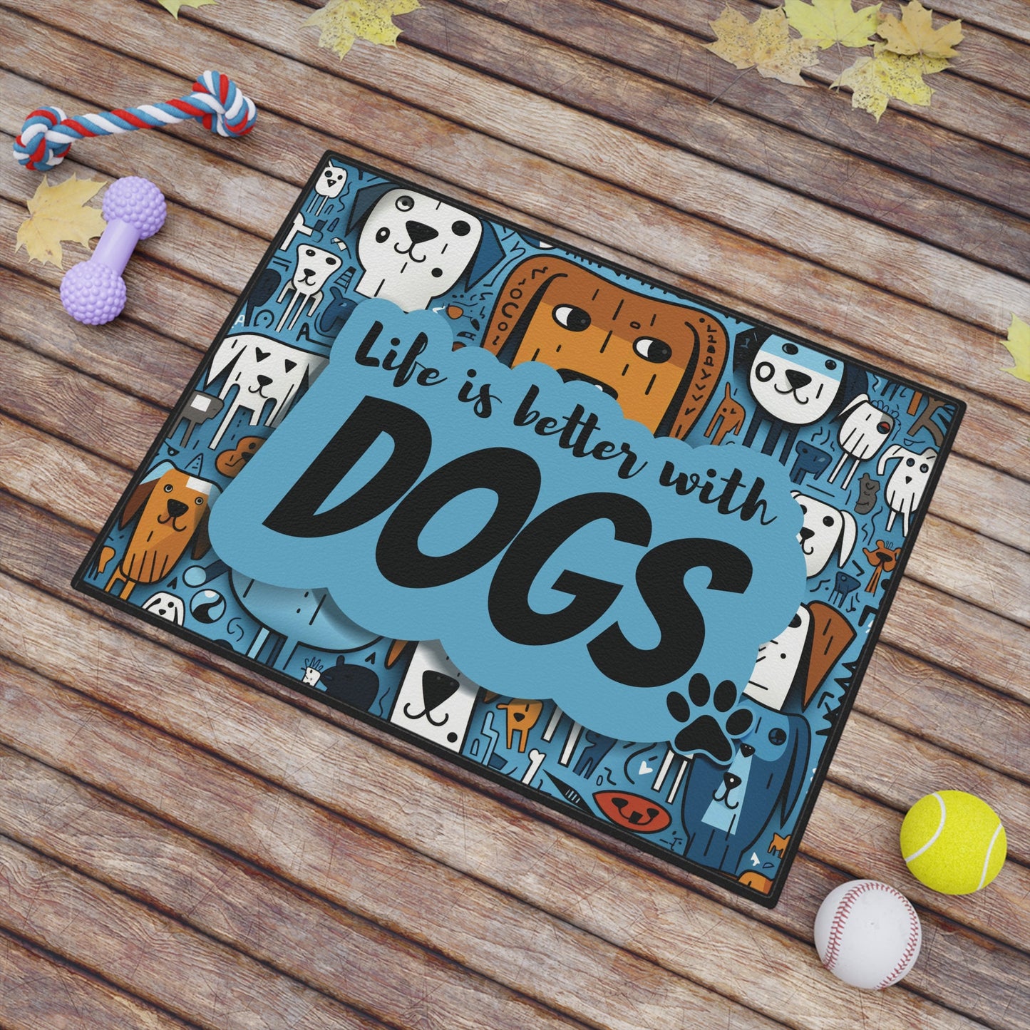 Pet mat with colorful dog design and "Life is better with dogs" text, 18" x 24", non-slip polyester.