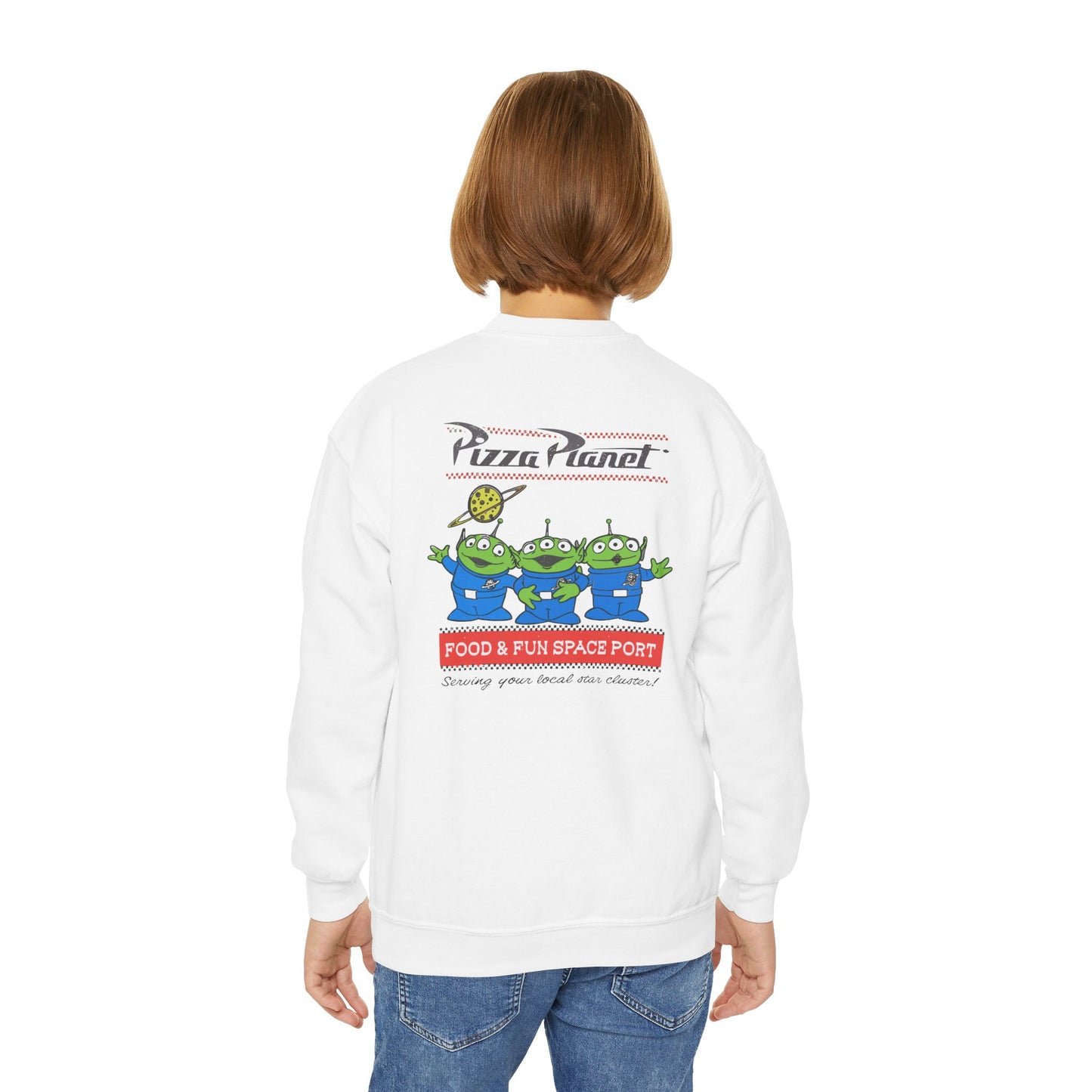Pizza Planet Youth Crewneck Sweatshirt | Fun & Playful Gift for Kids, Space Theme Apparel, Ideal for Birthdays, Halloween, Everyday Wear