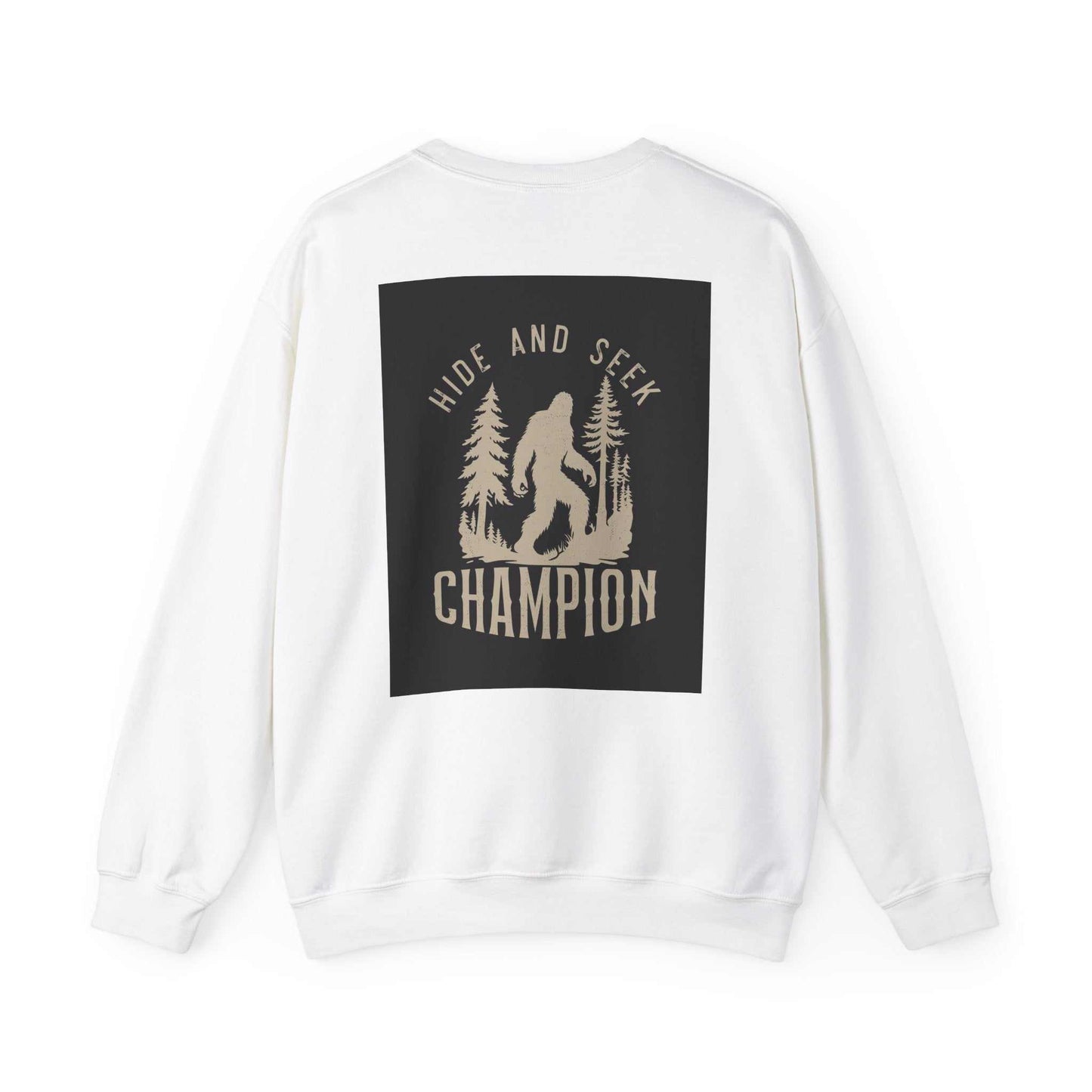 Unisex Heavy Blend™ Crewneck Sweatshirt with "Hide and Seek Champion" graphic on back, made of soft cotton-polyester blend, ideal for cold months.