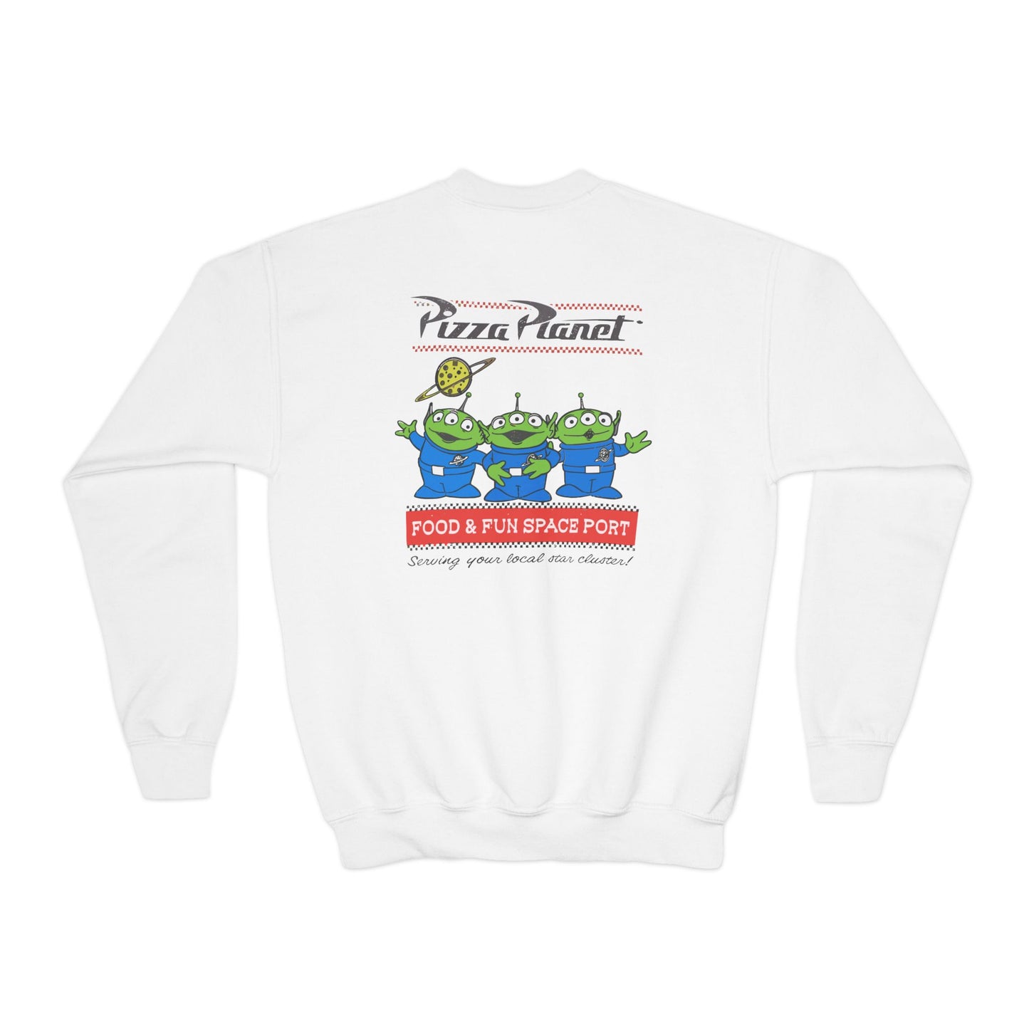 Pizza Planet Youth Crewneck Sweatshirt | Fun & Playful Gift for Kids, Space Theme Apparel, Ideal for Birthdays, Halloween, Everyday Wear