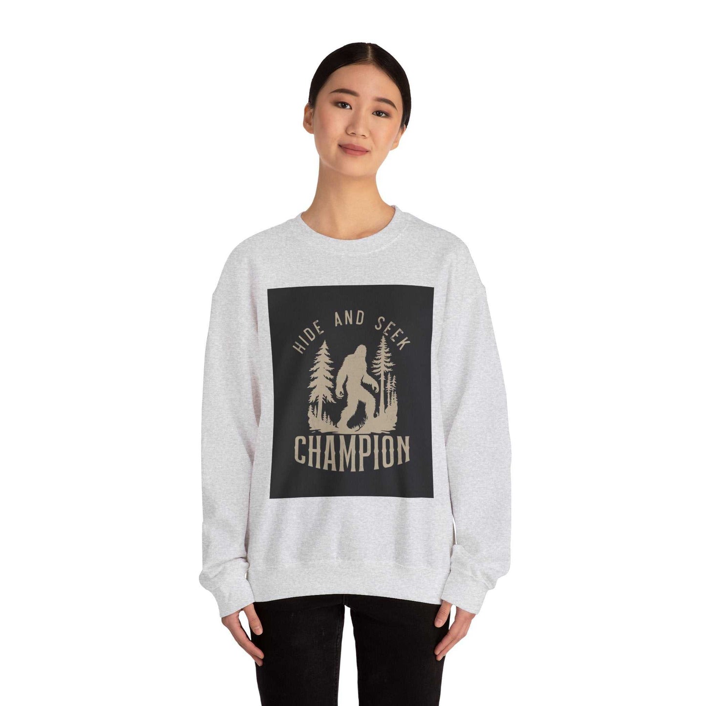 Unisex Heavy Blend™ Crewneck Sweatshirt featuring a "Hide and Seek Champion" design, ideal for comfort in colder months.
