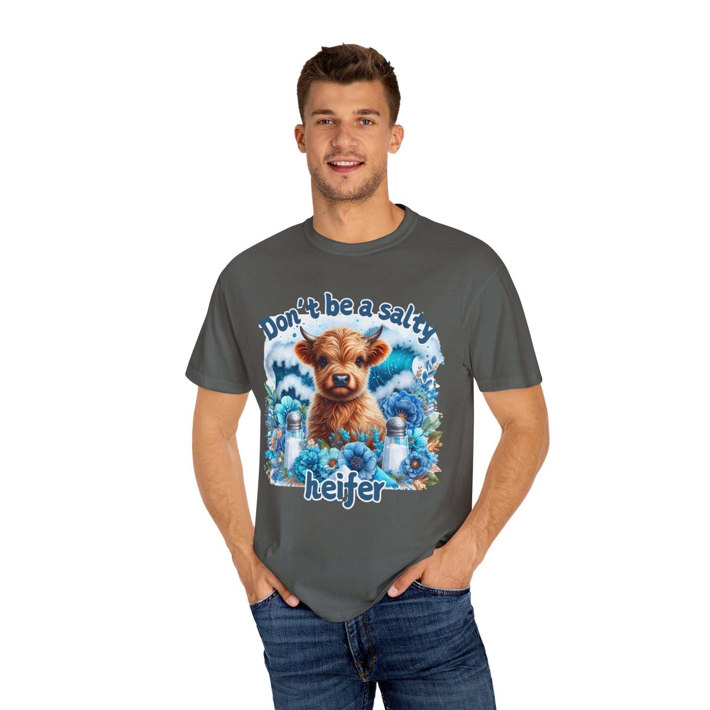 Unisex garment-dyed t-shirt featuring a cow-themed graphic, made with soft-washed, 100% ring-spun cotton for comfort and durability, available in multiple colors.