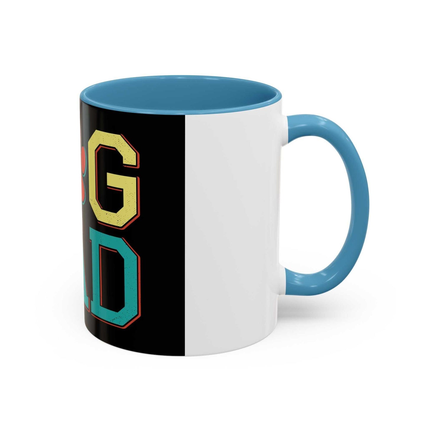 Accent Coffee Mug 11 15oz with "dog Dad" design, blue interior and handle.