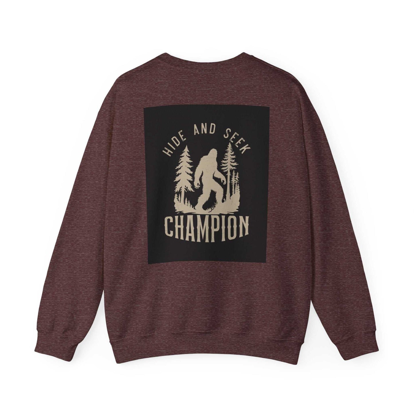 Unisex Heavy Blend™ Crewneck Sweatshirt with "Hide and Seek Champion" graphic on back.
