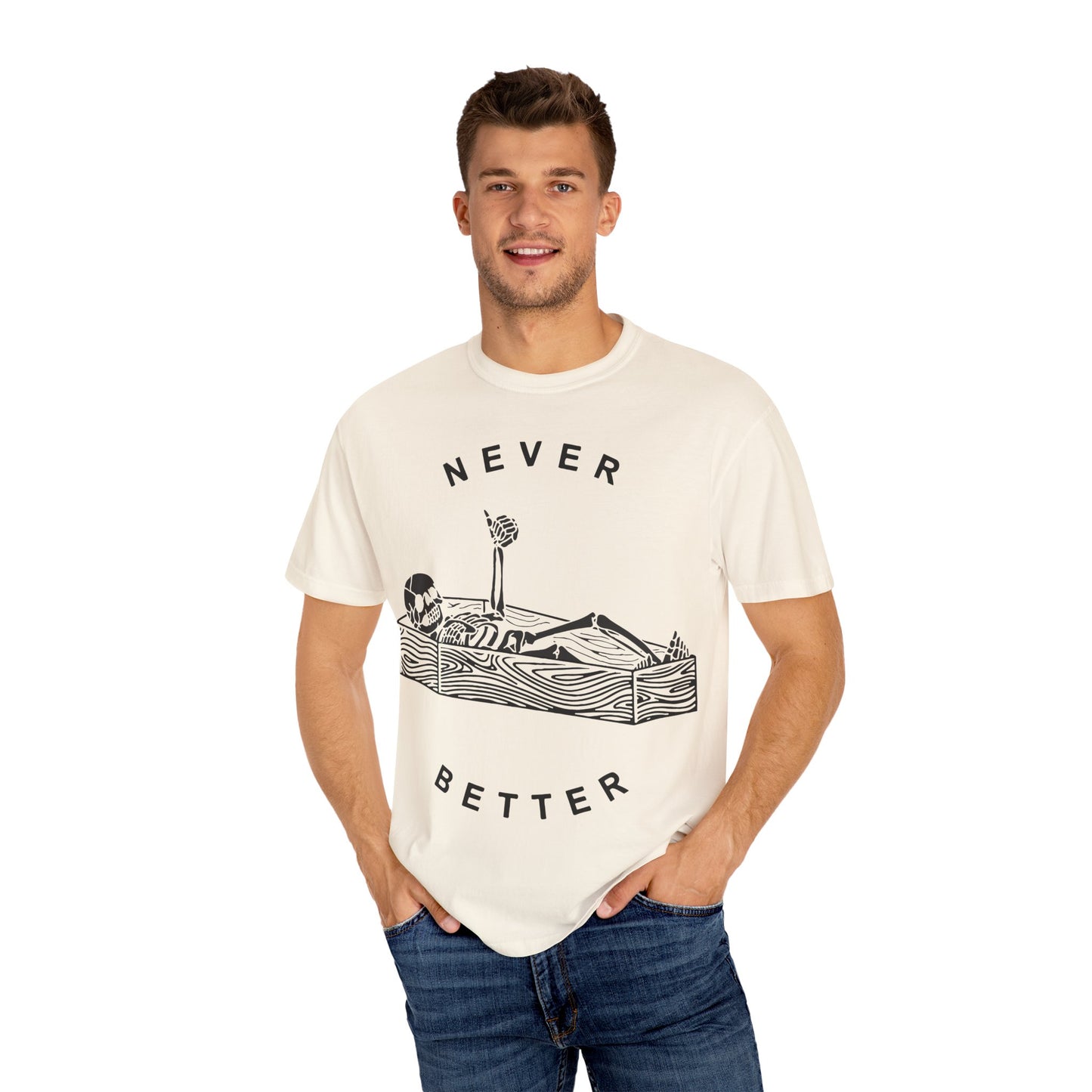 Halloween t-shirts never better skeleton giving a thumbs up in a casket