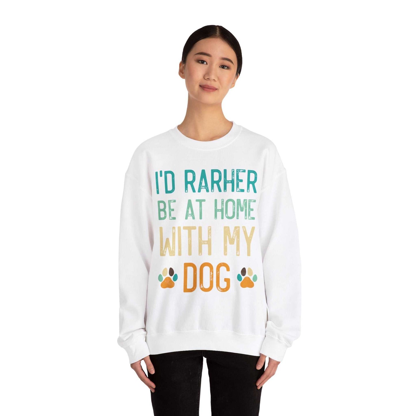 Unisex heavy blend crewneck sweatshirt with "I'd rather be at home with my dog" design.