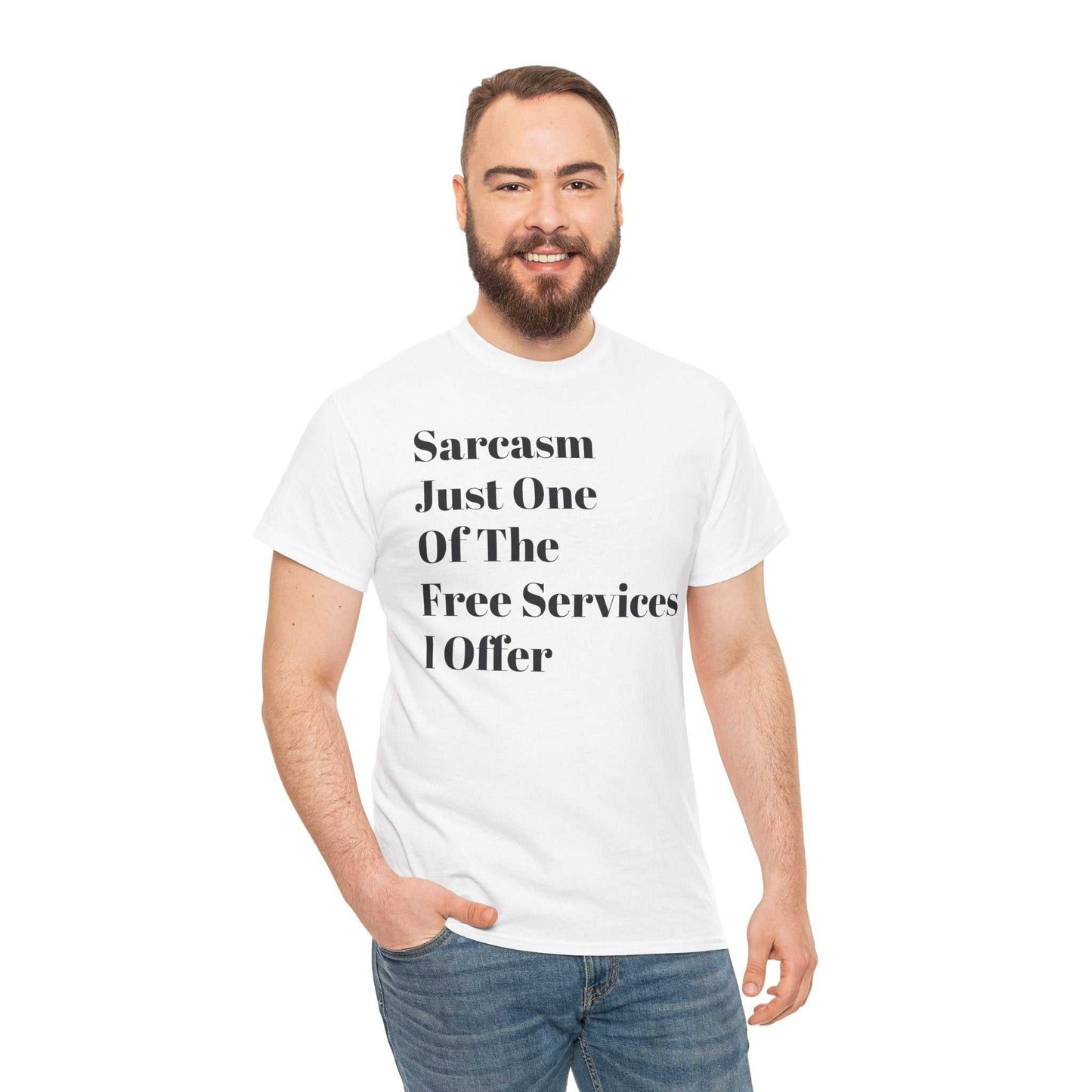 Unisex Heavy Cotton Tee with printed design worn by a smiling person.