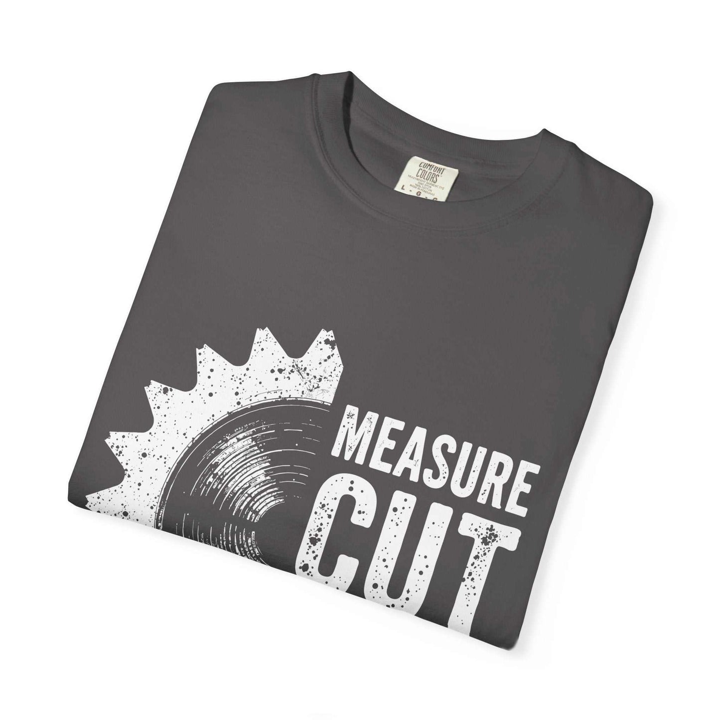 Comfort Colors 1717 unisex garment-dyed t-shirt in charcoal gray with "Measure Cut" graphic design, made of 100% ring-spun cotton.