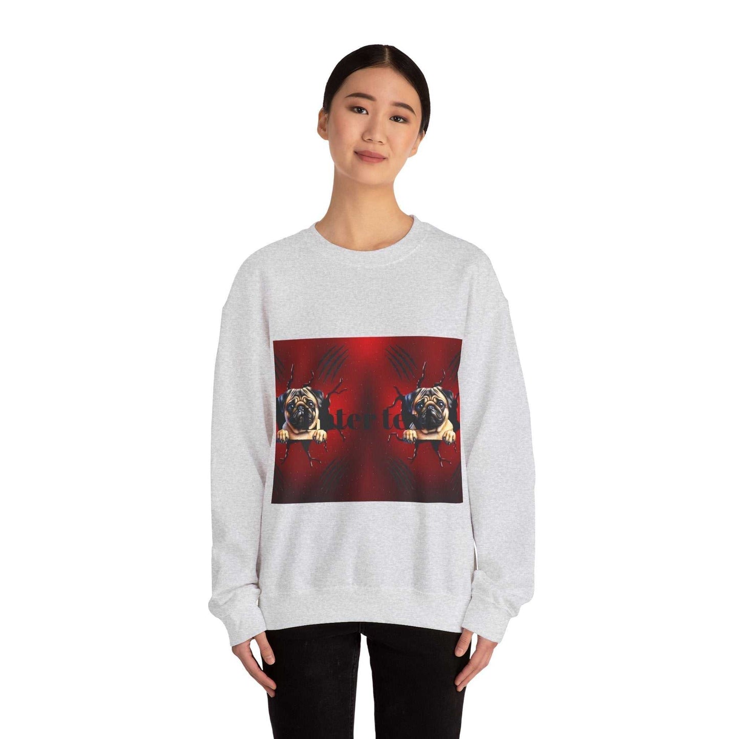Pug dog sweatshirt with pug face design on a cozy, stylish fabric, perfect for dog lovers.